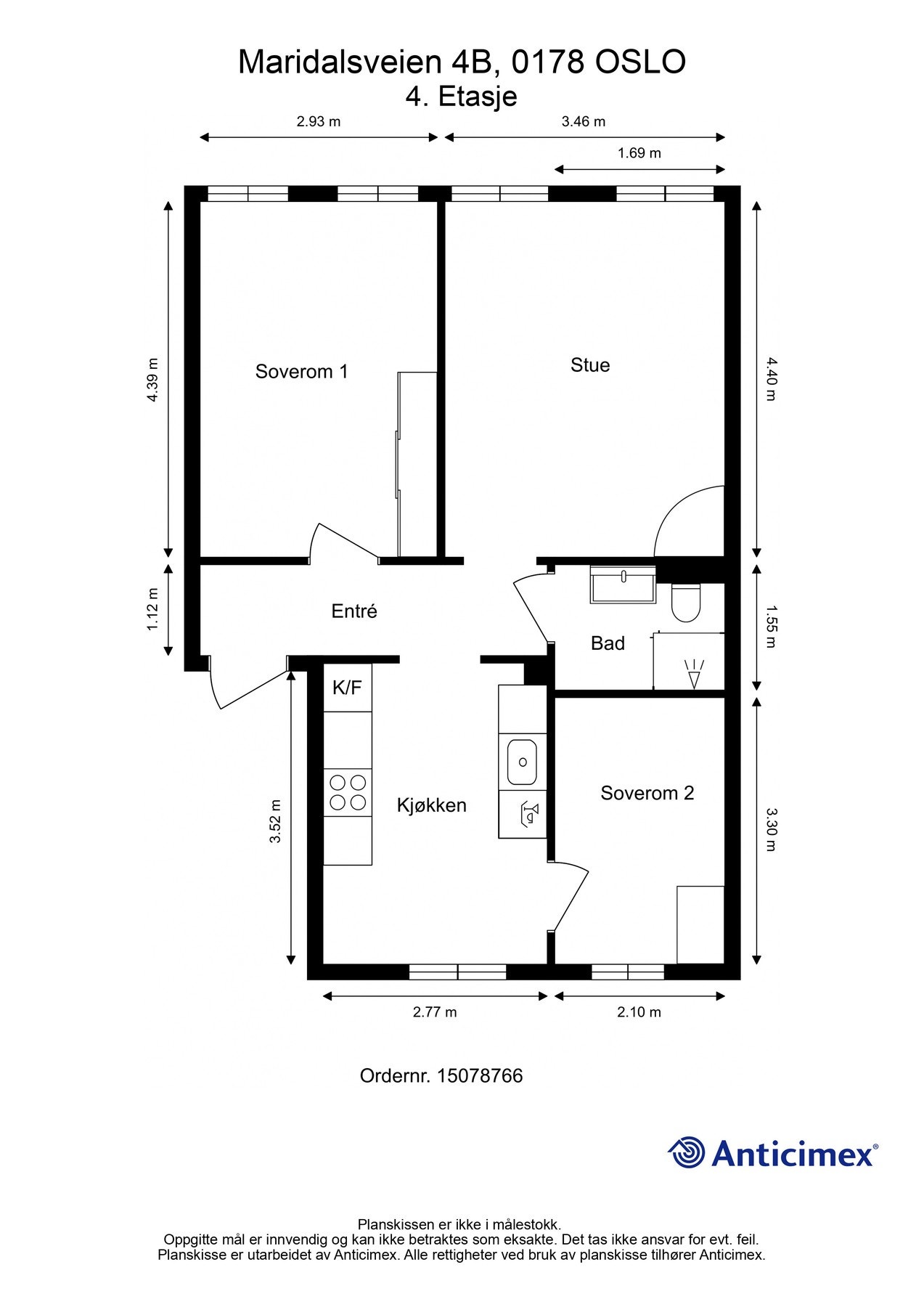 Fjerde etasje: Gjennomgående planløsning med entré, stue, kjøkken, baderom og to adskilte soverom. Galleribilde