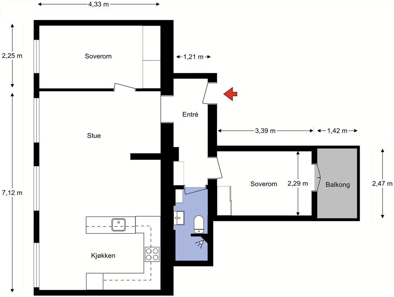 Leiligheten ligger i 2. etasje og inneholder entré, bad, soverom med utgang til balkong, soverom og åpen stue- og kjøkkenløsning. I tillegg disponerer leiligheten en kjellerbod. Galleribilde