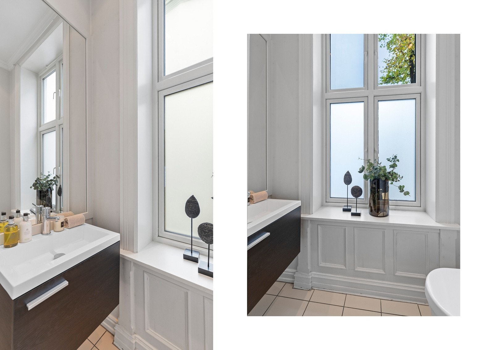 Fra entreen beveger vi oss inn til et delikat gjestetoalett med mørk innredning, flislagte flater og vegghengt toalett - et lite rom med stor eleganse. Galleribilde