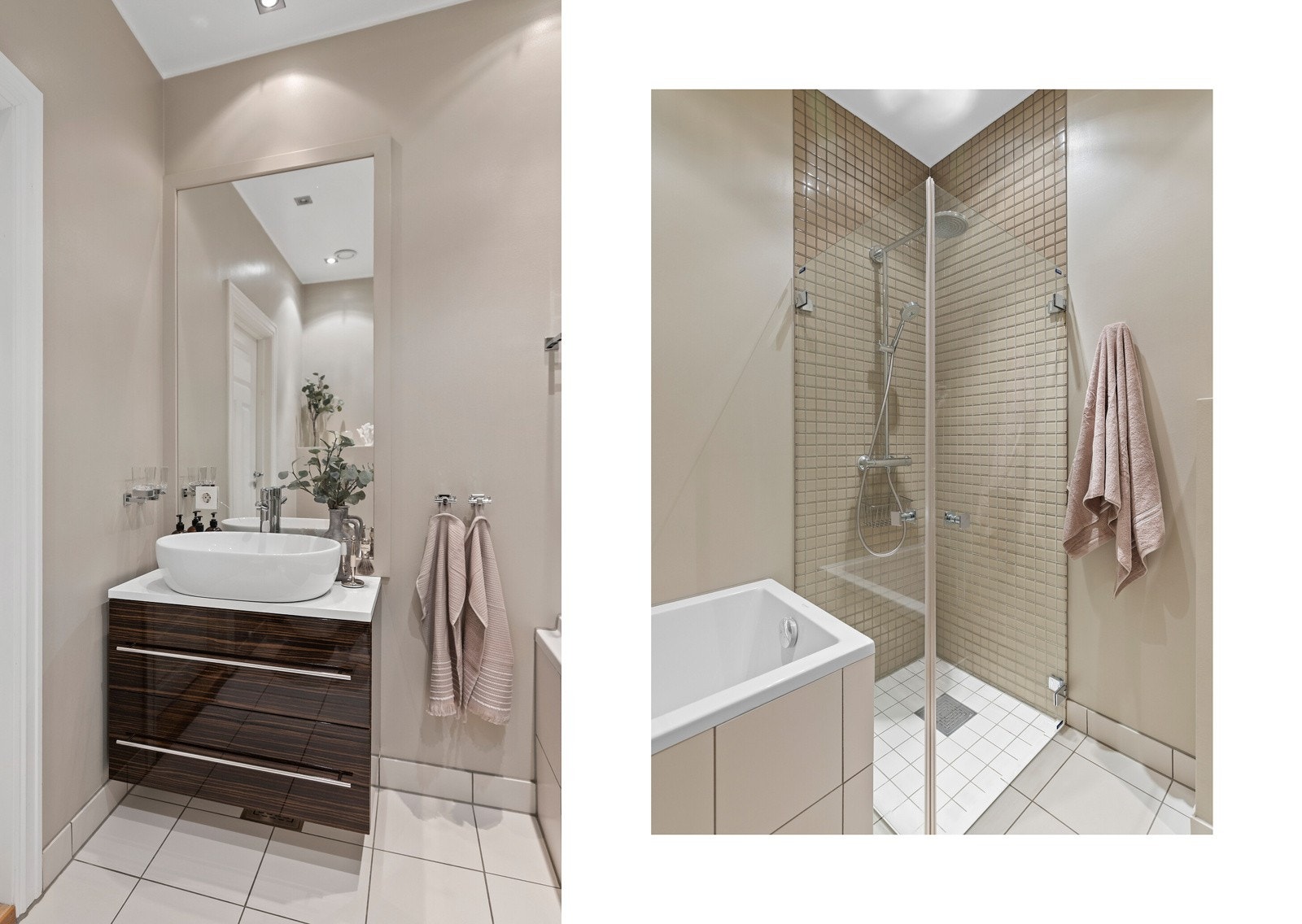 Her finner vi både badekar og dusj, flislagte flater og mørk innredning. Galleribilde