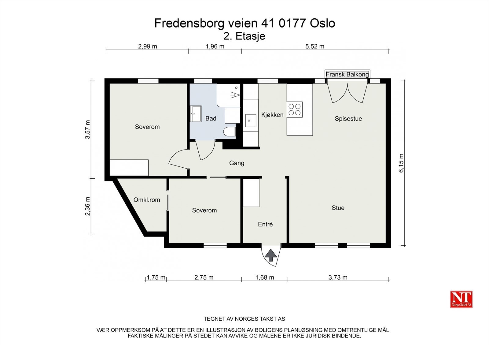 Leiligheten ligger i 2. etasje og inneholder entré, kjøkken, spisestue, stue, omkledningsrom, bad og 2 soverom.
I tillegg disponerer leiligheten en kjellerbod. Galleribilde
