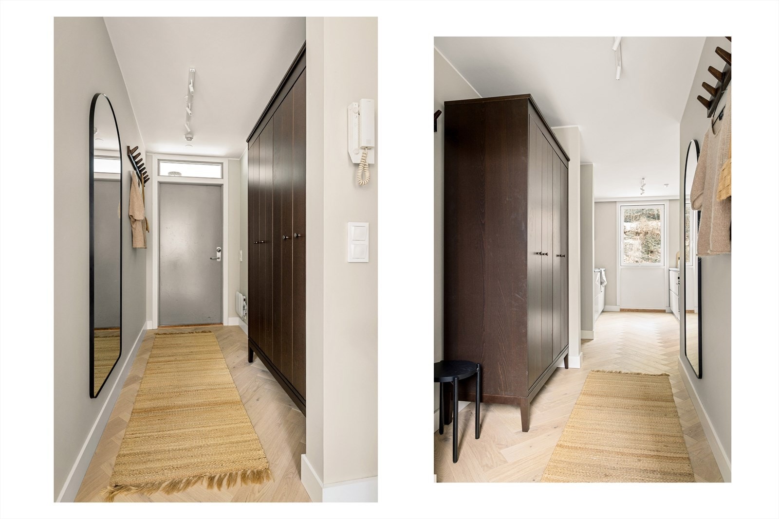 Velkommen inn! Lys og romslig entré med gode oppbevaringsmuligheter og plass til både av og påkledning. Galleribilde