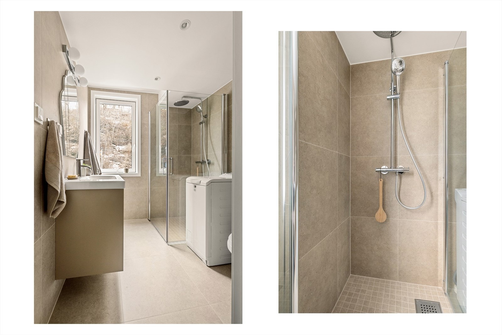 Videre har man et gulvstående toalett og dusj på gulv med innfellbare glassdører, samt opplegg for vaskemaskin. Galleribilde