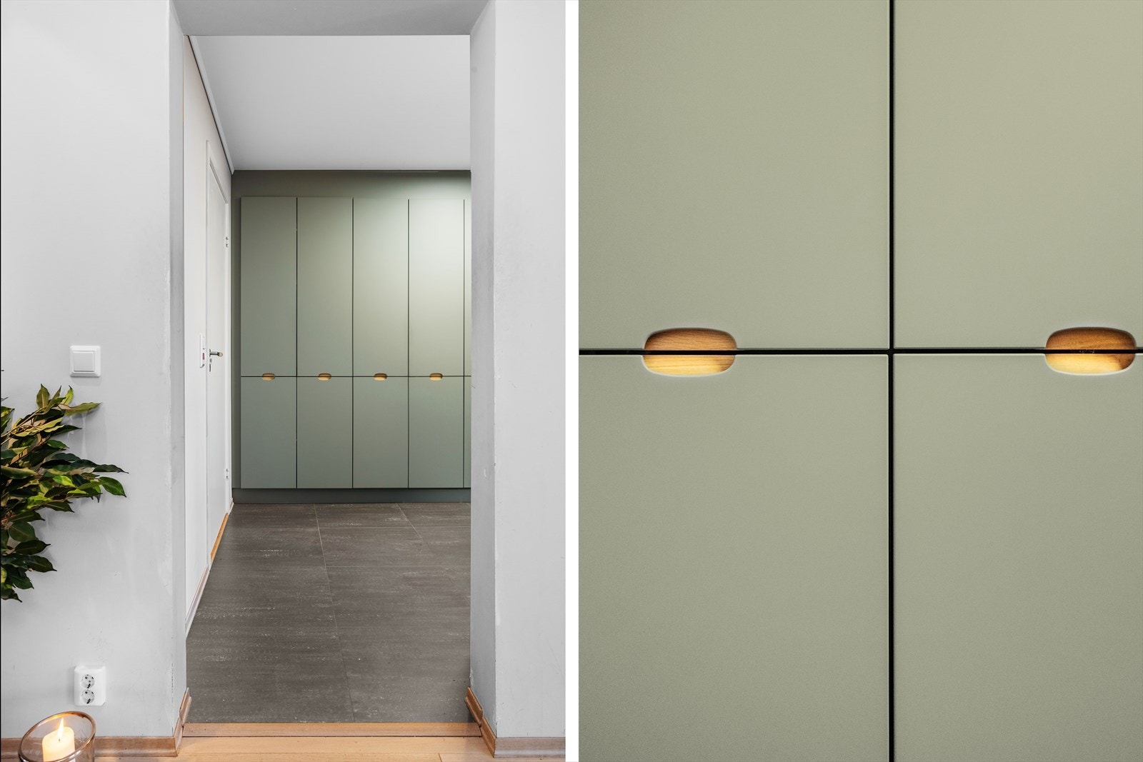 Rommet er bredt og godt, hvilket gjør det mulig å ha møbler for klesoppbevaring også på motsatt side av garderobeskapene. Galleribilde