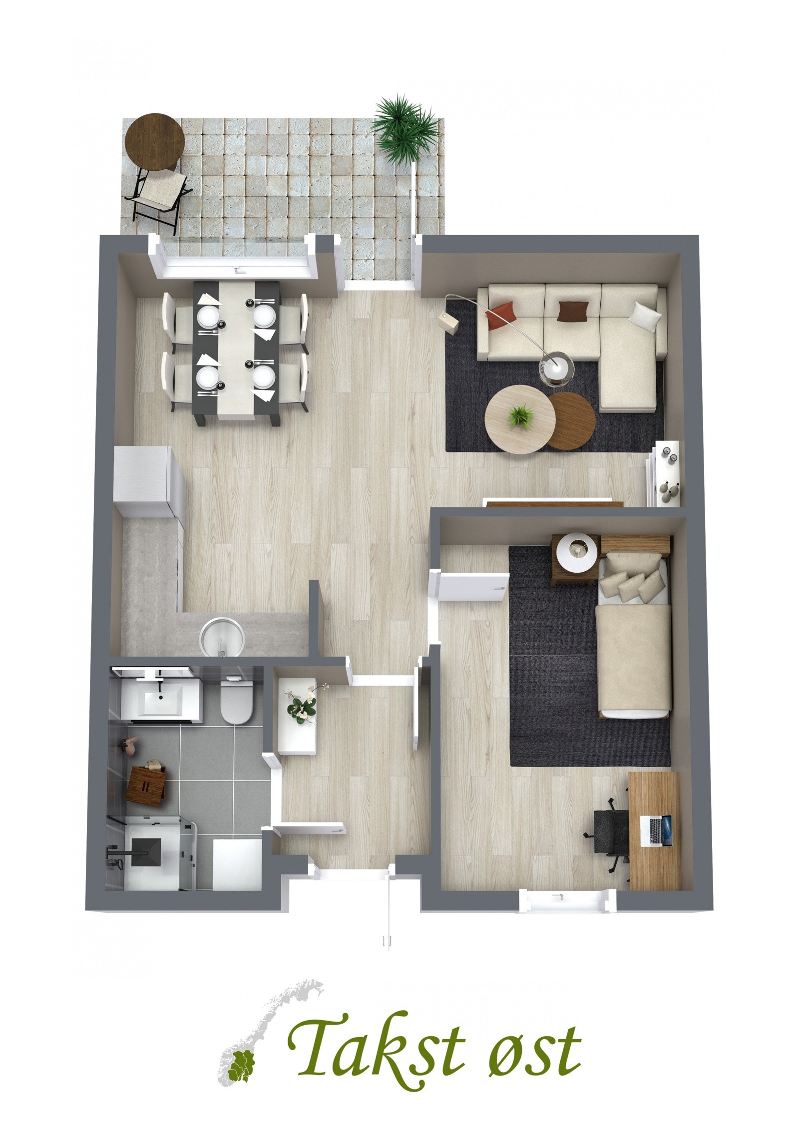 2-D plantegning. Fra leiligheten er det ca. 7 minutters gange til nærmeste bussholdeplass Jenseberget, og ca. 15 minutters gange til Lillestøm togstasjon. Galleribilde