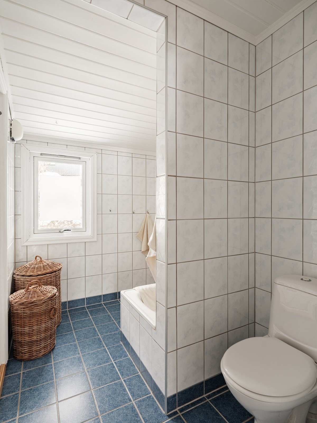 Gulvstående toalett. Synlige vannrør av rør-i-rør og forkrommende kobberrør. Mekanisk og naturlig avtrekk plassert på vegg. Galleribilde