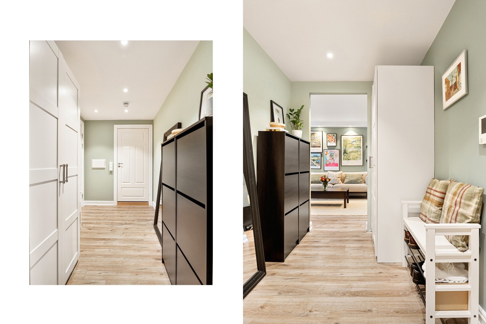 Her er det naturlig plass til oppbevaring av yttertøy og sko, og planløsningen gir en effektiv og oversiktlig adkomst videre inn i leiligheten. Galleribilde