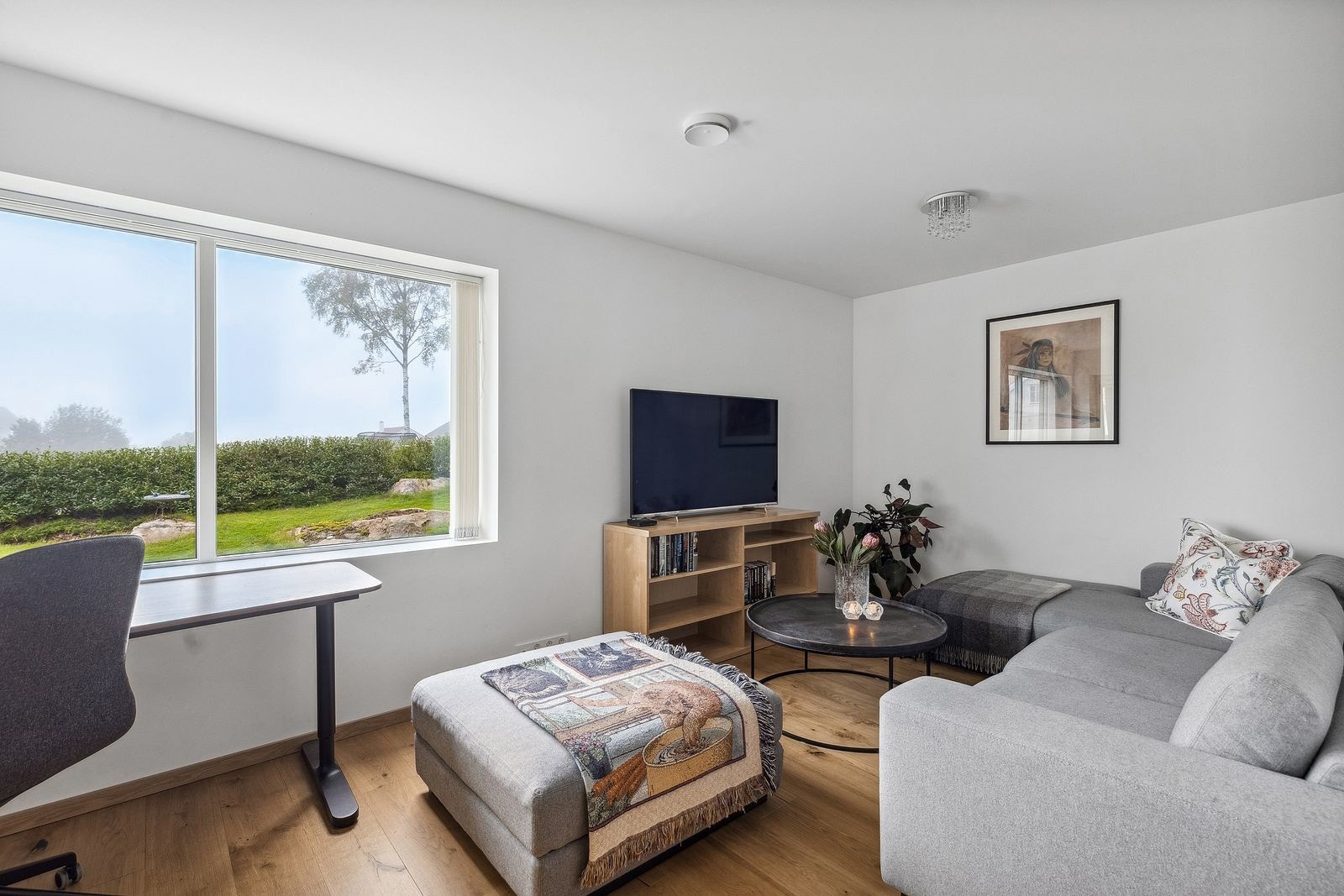 Fra entré er det videre adkomst til tv-stue, her er det god plass til sittegruppe og tv-løsning. Galleribilde