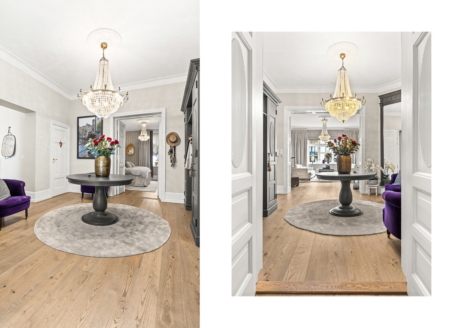 En storslått hallgang med originale doble fyllingsdører og høy himling - klassisk arkitektur som setter tonen allerede ved inngang. Galleribilde