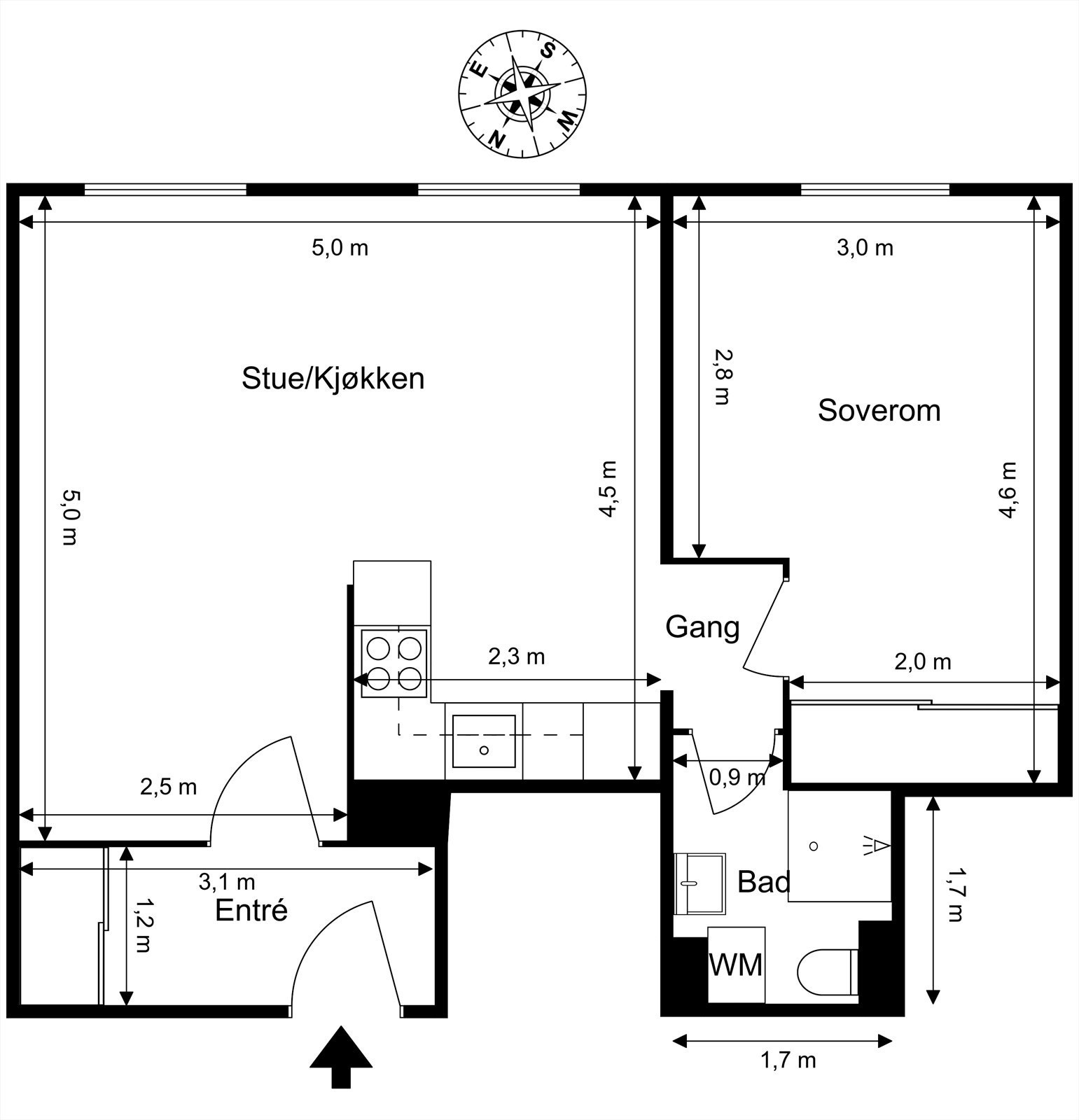 Plantegning. I tillegg disponerer leiligheten en kjellerbod på ca. 1 kvm. Galleribilde