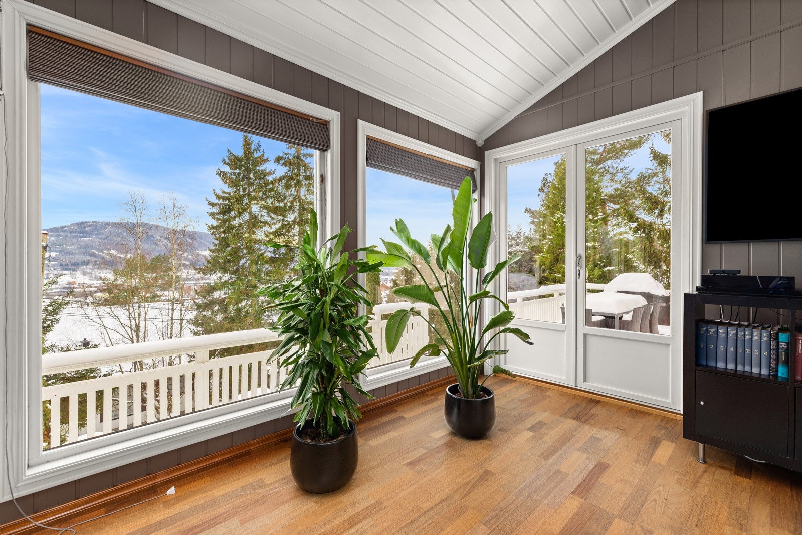 Utgang til terrasse fra stue med gode sol- og lysforhold. Galleribilde