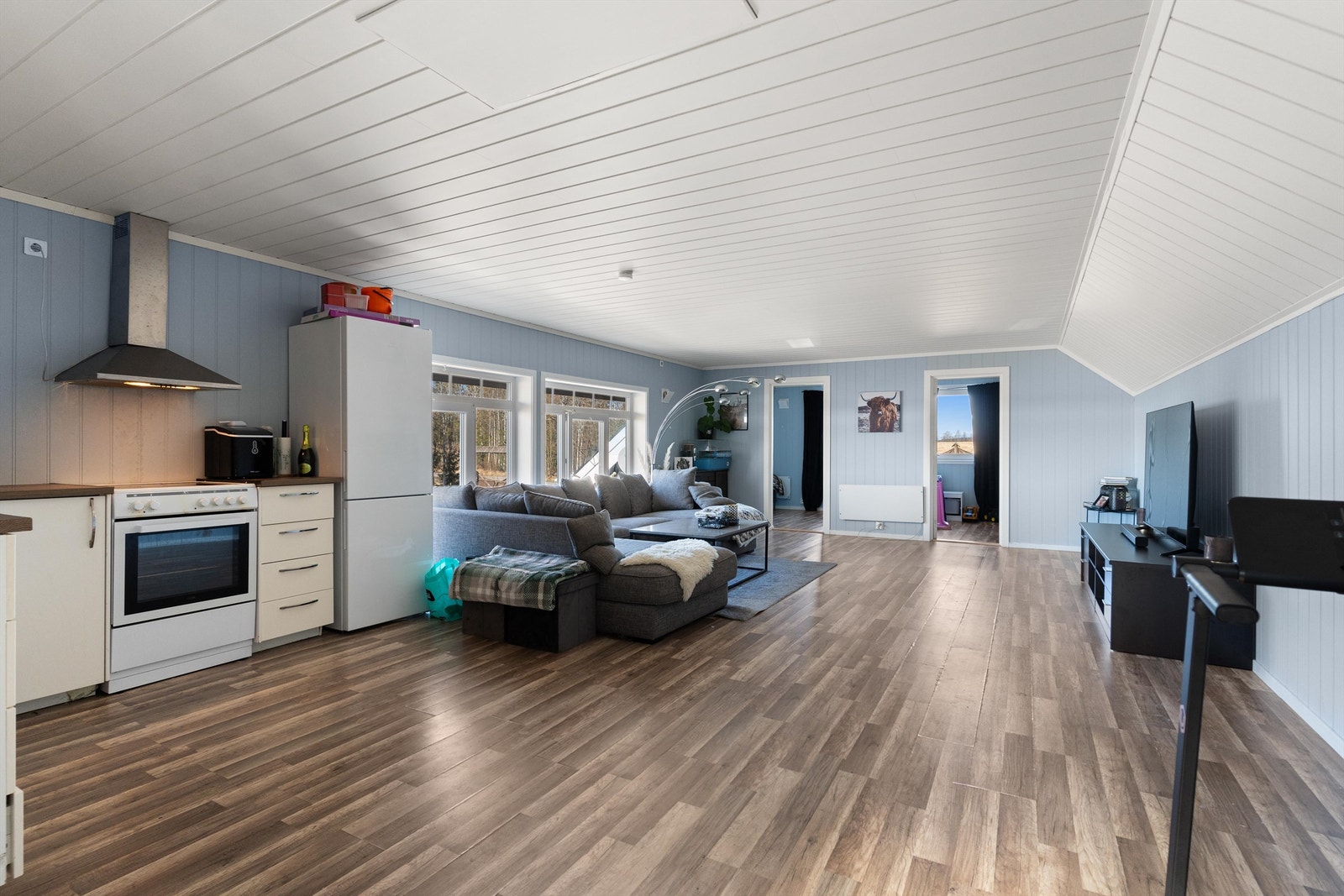 Åpen kjøkken- stue løsning i utleiedel. Romslig og lys stue med plass. Galleribilde