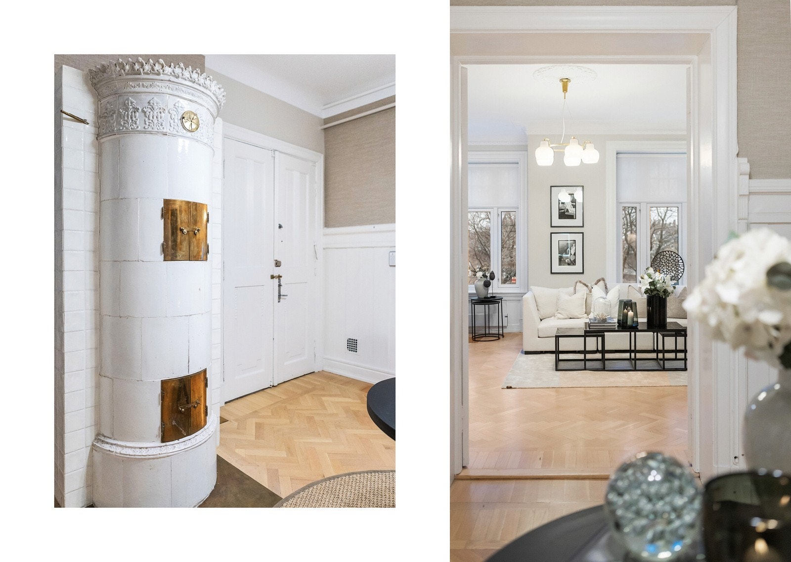 Elegant entré med kakkelovn ? en sjelden detalj som gir både særpreg og komfort. Galleribilde