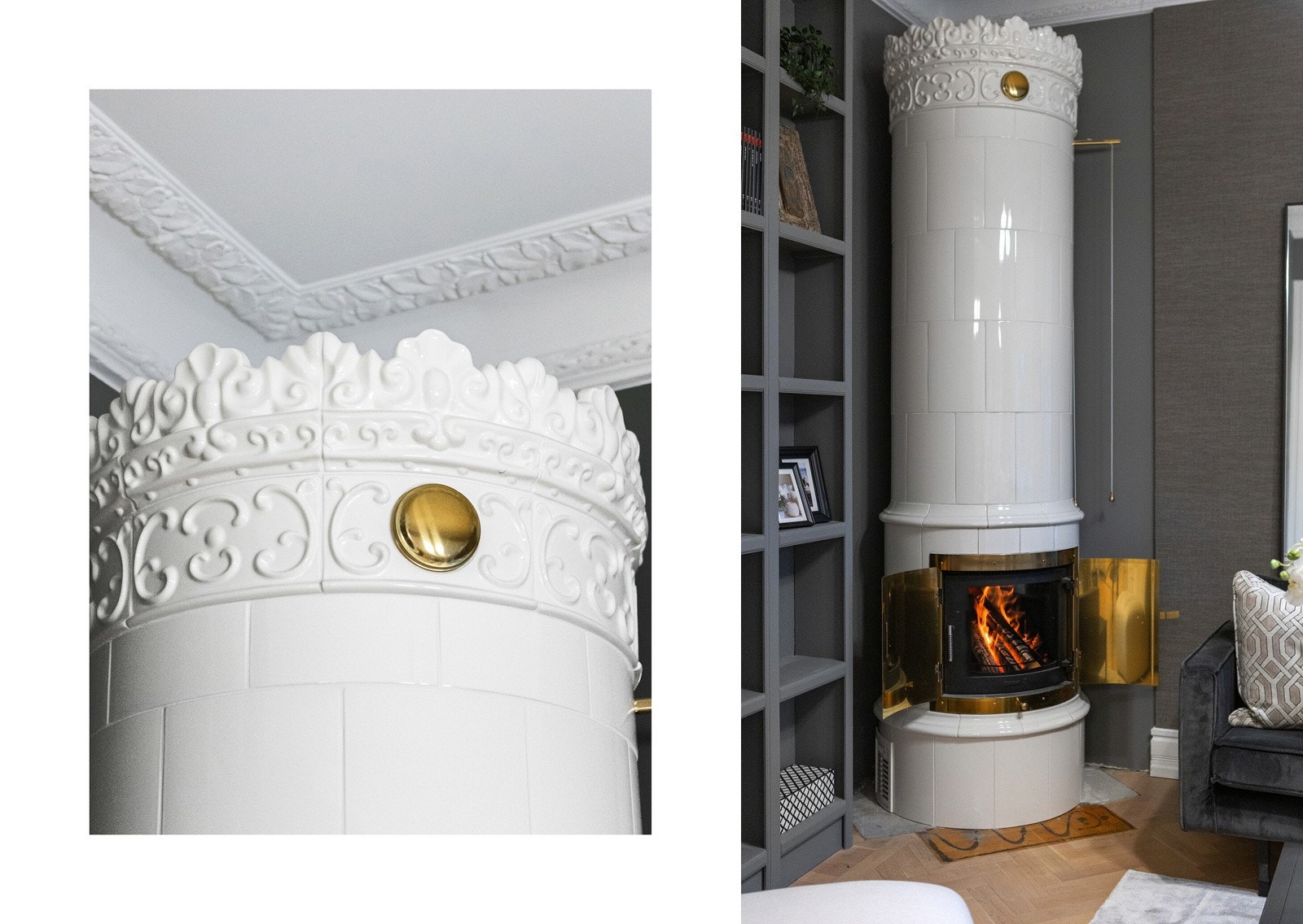 Bibliotek og peisestue i vakker kombinasjon, med utsøkte detaljer og lune materialer. Galleribilde