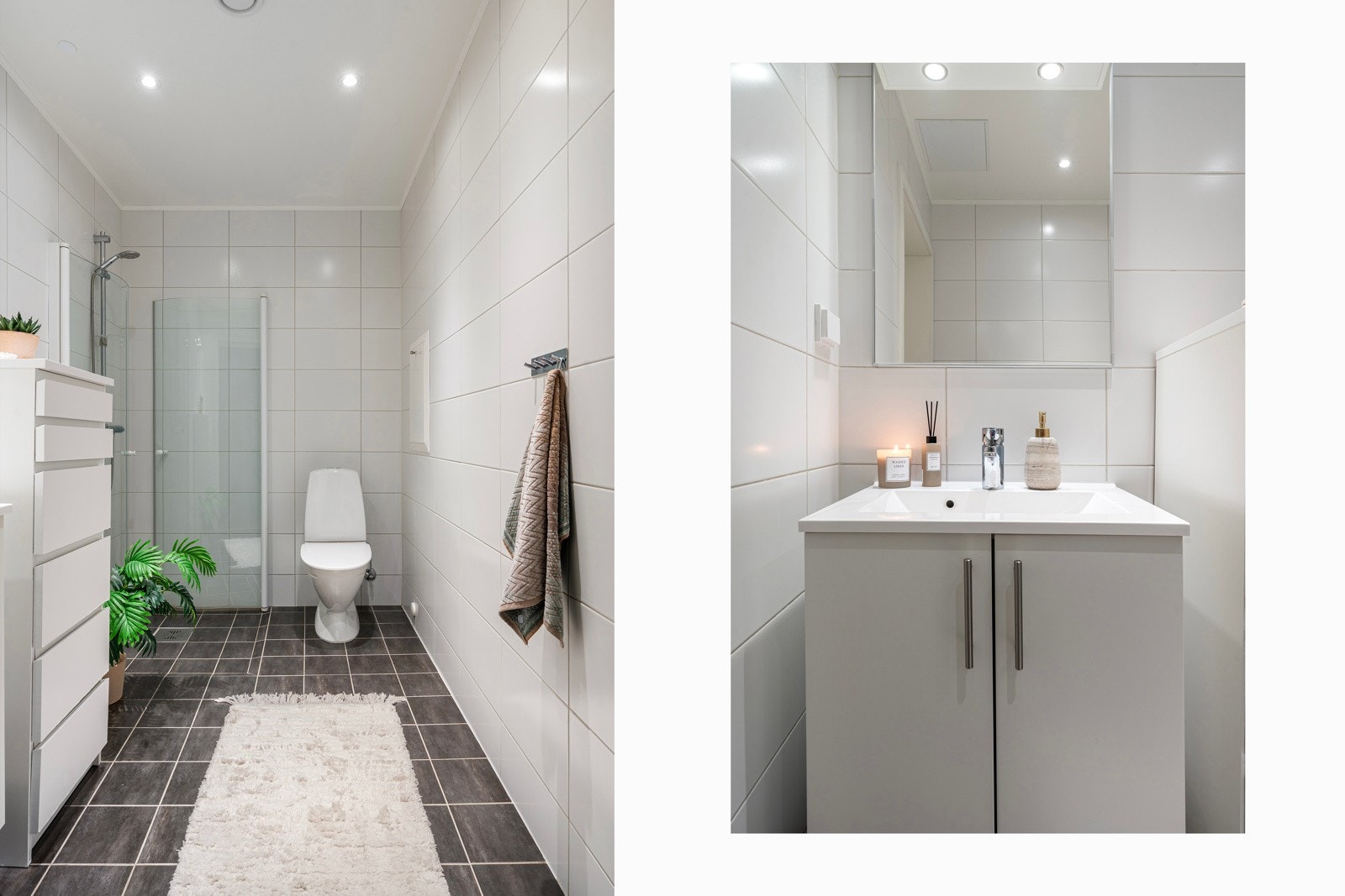 Flislagt bad/wc i andre plan med gulvvarme og downlights i himling