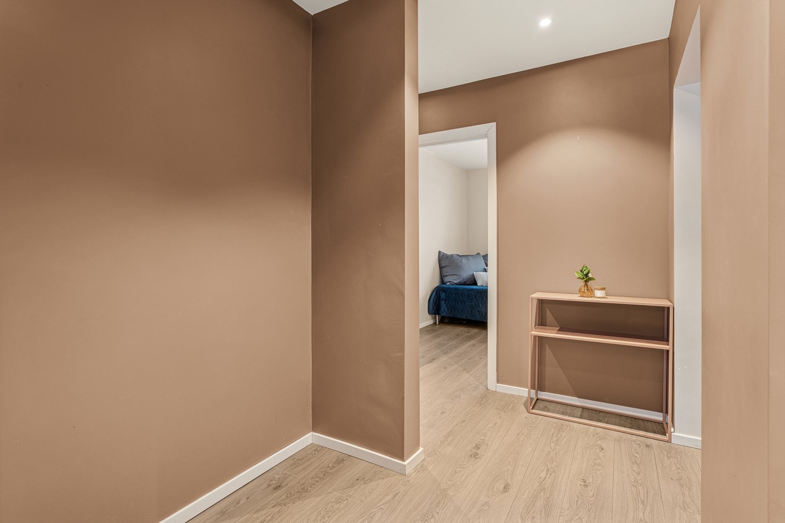 Entré/gang med plass til sko og yttertøy. Rommet er malt i en delikat farge som passer godt inn. Galleribilde