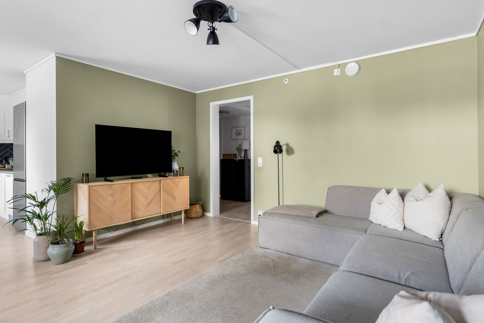 I rommet er det god plass til sofaseksjon, tv-møbel og spisegruppe. Galleribilde