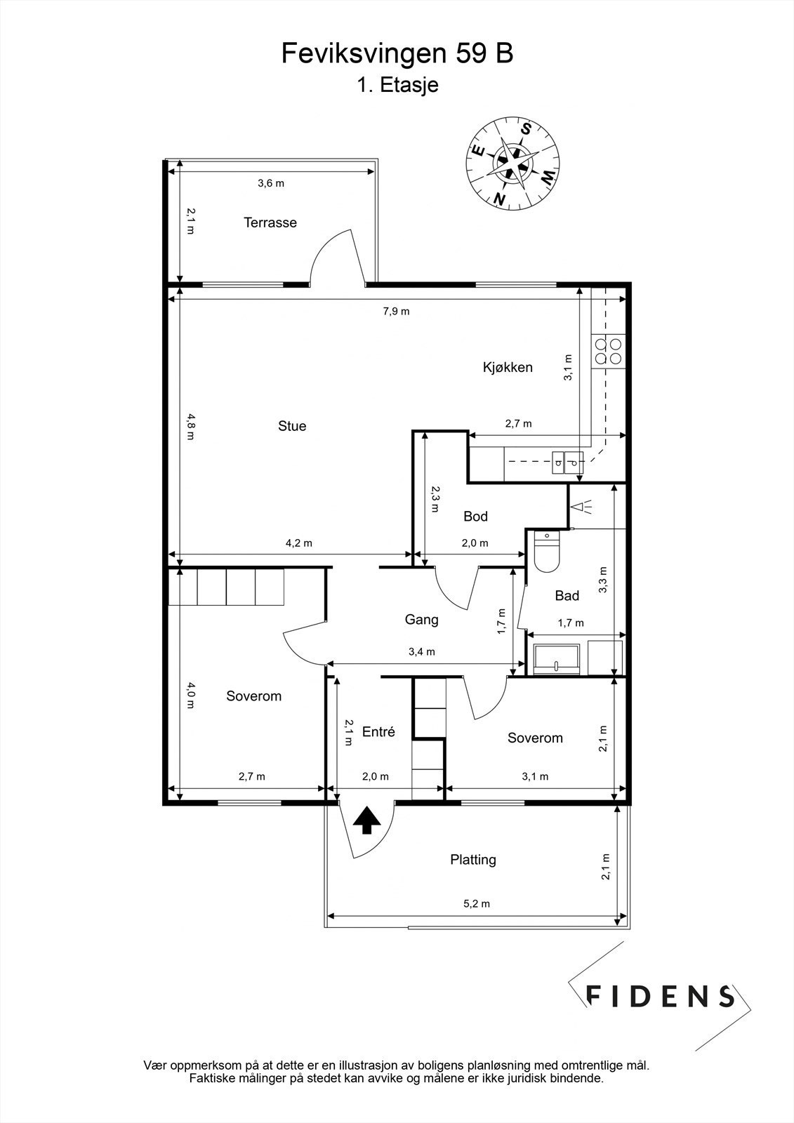 Boligen har alt på ett plan og inneholder:
1. etasje BRA-i 71 m²: Entre, gang, stue/kjøkken, bad, 2 soverom og bod. Galleribilde
