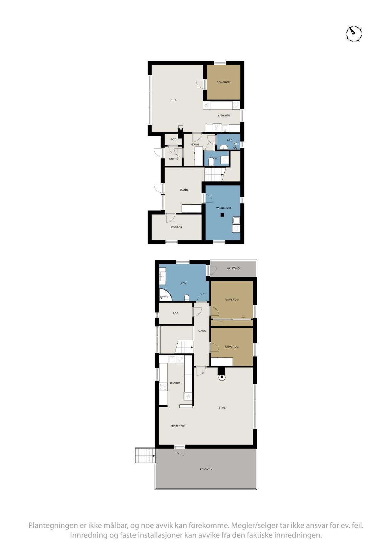 Plantegningene gir en god oversikt over boligens to separate enheter og romfordeling. Galleribilde