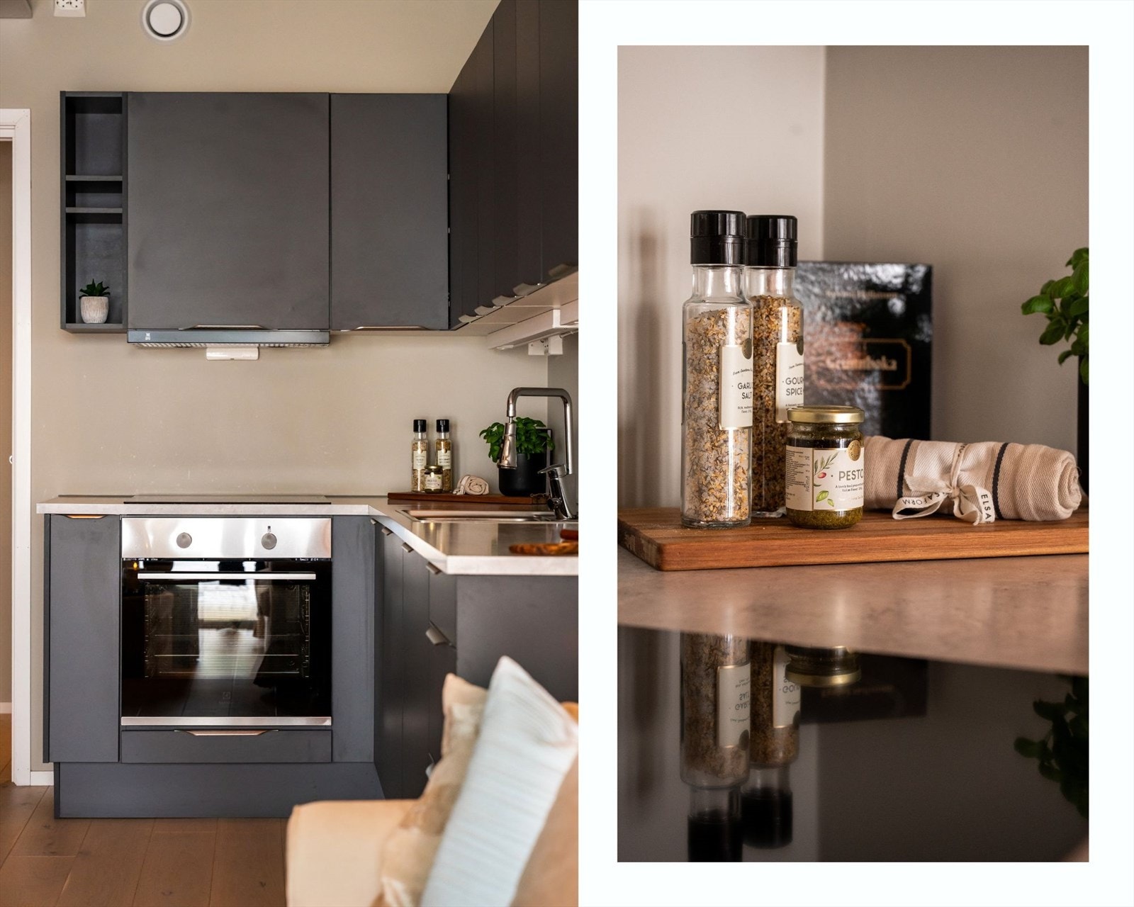 Det er godt med skap og benkeplass som gjør det kjekt å tilberede god mat. Det er montert komfyrvakt og det er kullfilter over stekesone. Galleribilde