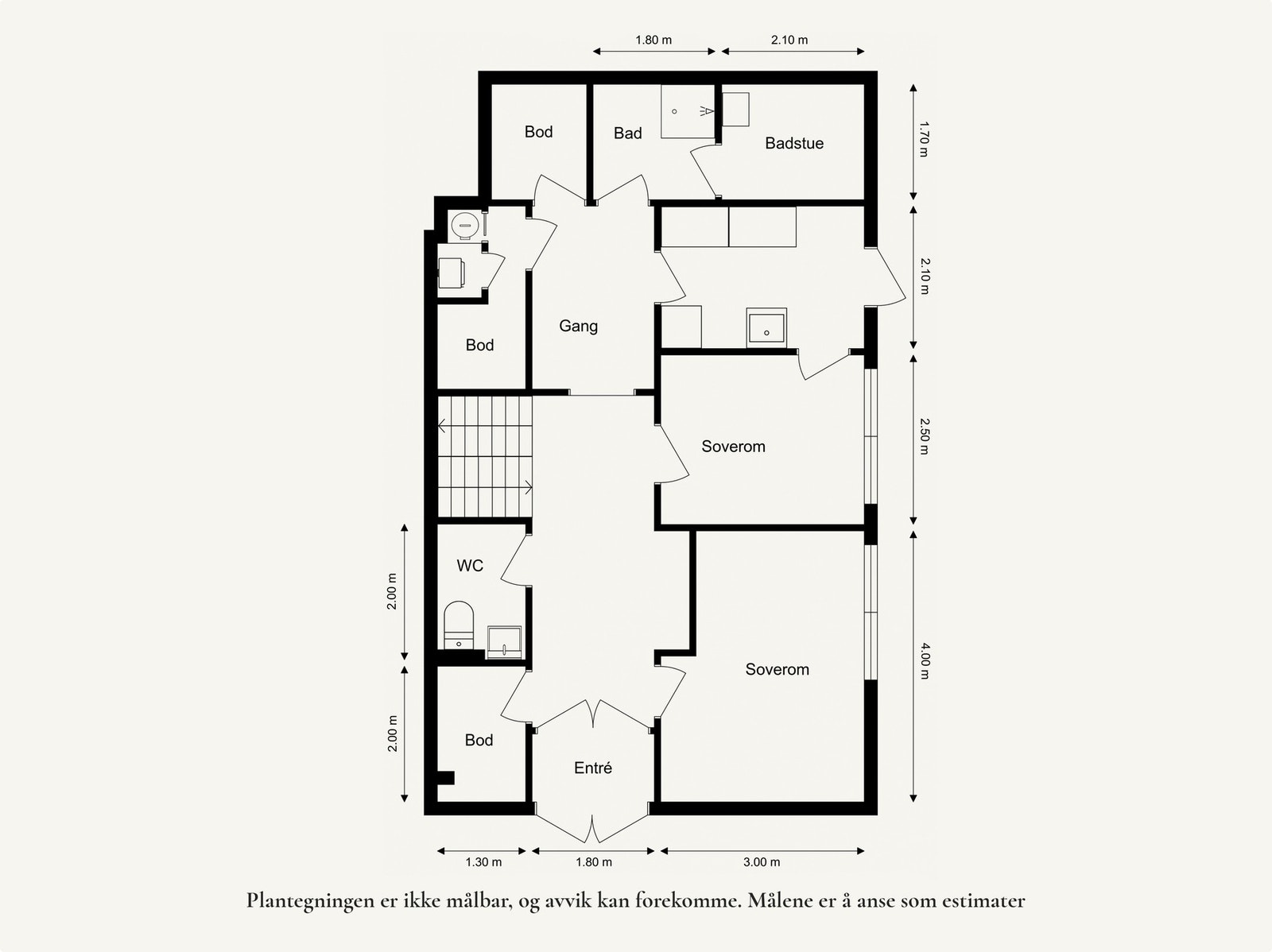 Plantegning 1 plan. Merk mulighet for å etablere en hybel der hvor det i dag er gang, bad, badstue, vaskerom og soverom. Galleribilde