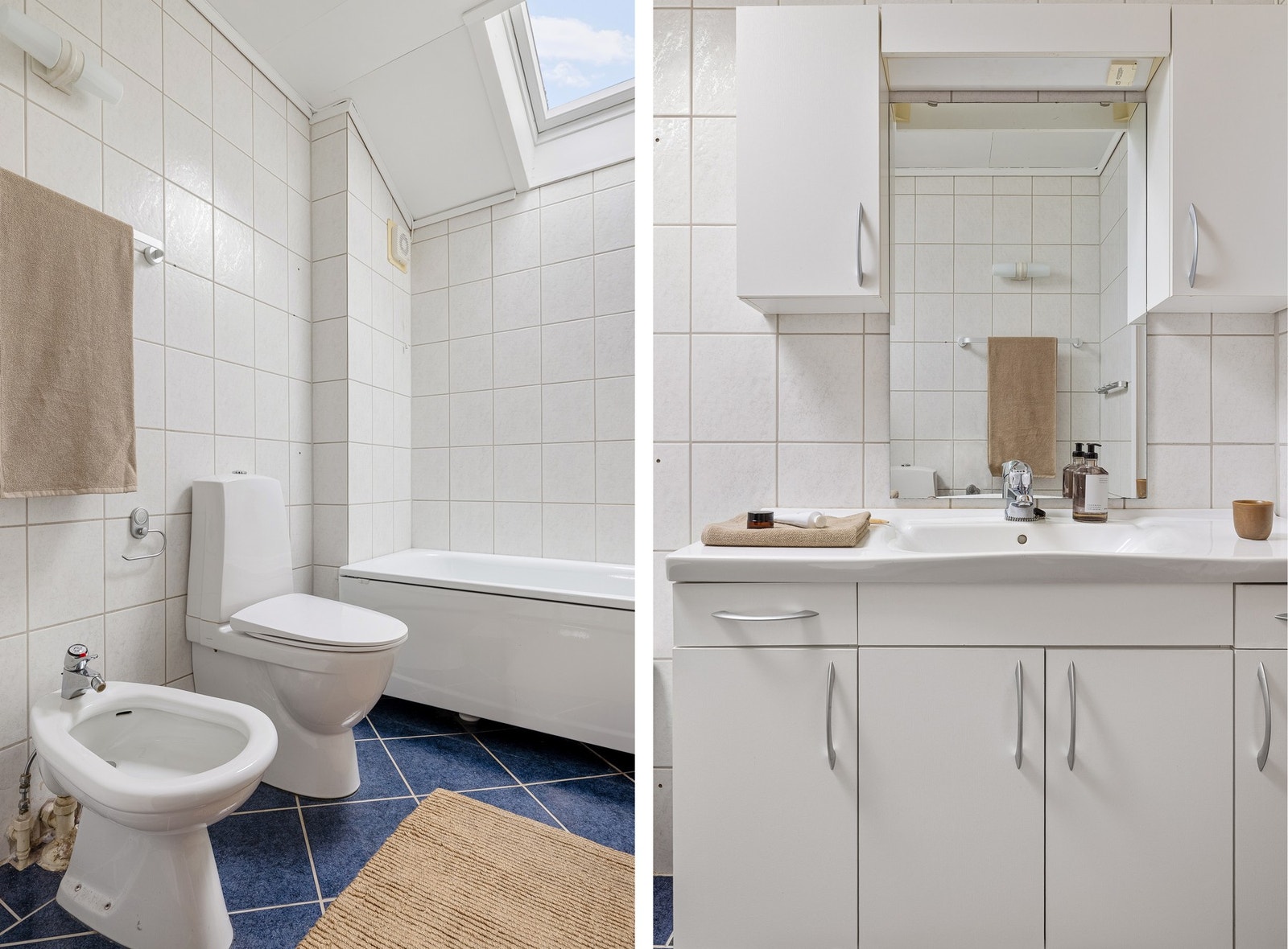 Det er innredet med toalett, bidé, badekar med dusjarmatur, og baderomsinnredning med speil og belysning. Galleribilde