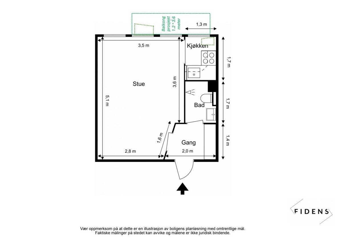 Plantegning - Det kan være mulig å flytte ut kjøkkenet og lage et soverom/alkove - Megler/selger har ikke sjekket mulighetene og forslaget er kun til inspirasjon Galleribilde