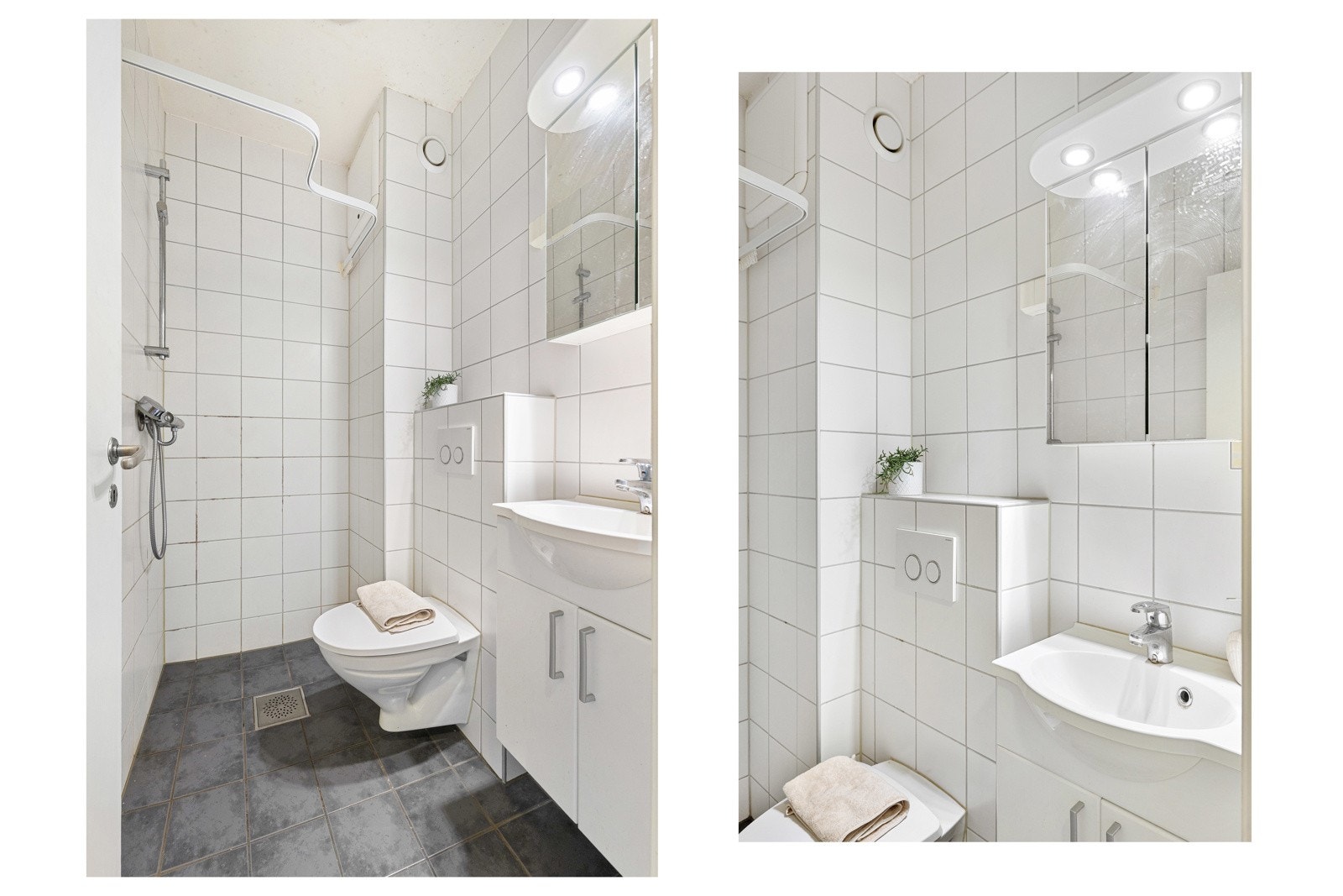 Badet ble oppgradert i 2013. Badet er ellers utstyrt med veggmontert wc og dusjhjørne med ettgreps dusjarmatur m.m. Galleribilde