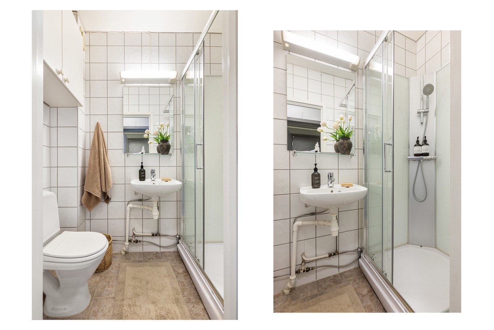 Badet er utstyrt med naturlig avtrekk, wc og dusjkabinett med glassdører og ettgreps dusjbatteri Galleribilde