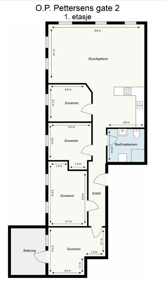 Merk avvik fra plantegning: Soverommet nærmest stuen har større areal enn angitt. Bildene viser den tidligere planløsningen før oppussing. Galleribilde