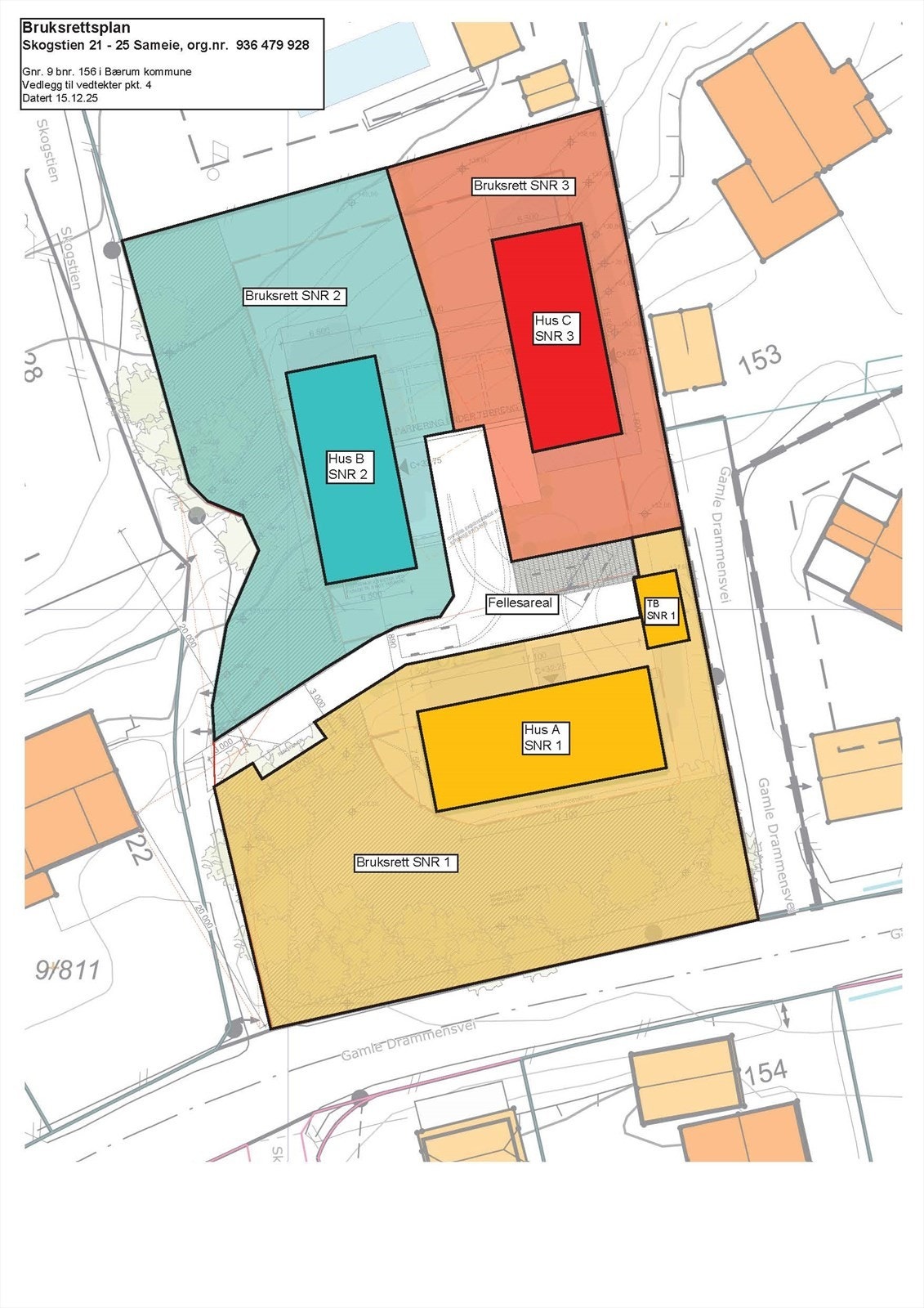 Bruksrettsplan. Boligen er seksjon 3, merket rødt med eksklusivt bruksareal Galleribilde