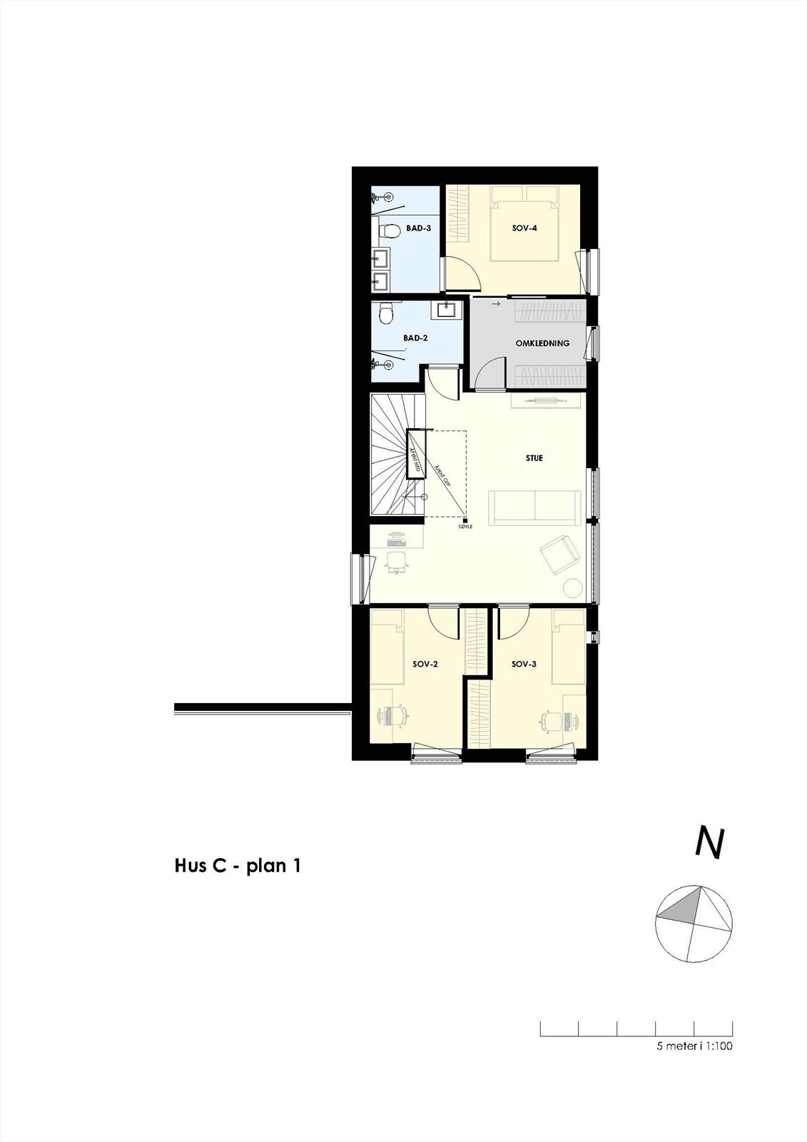 Plantegning plan 1 med stue, 3 soverom, omkledningsrom og 2 bad Galleribilde