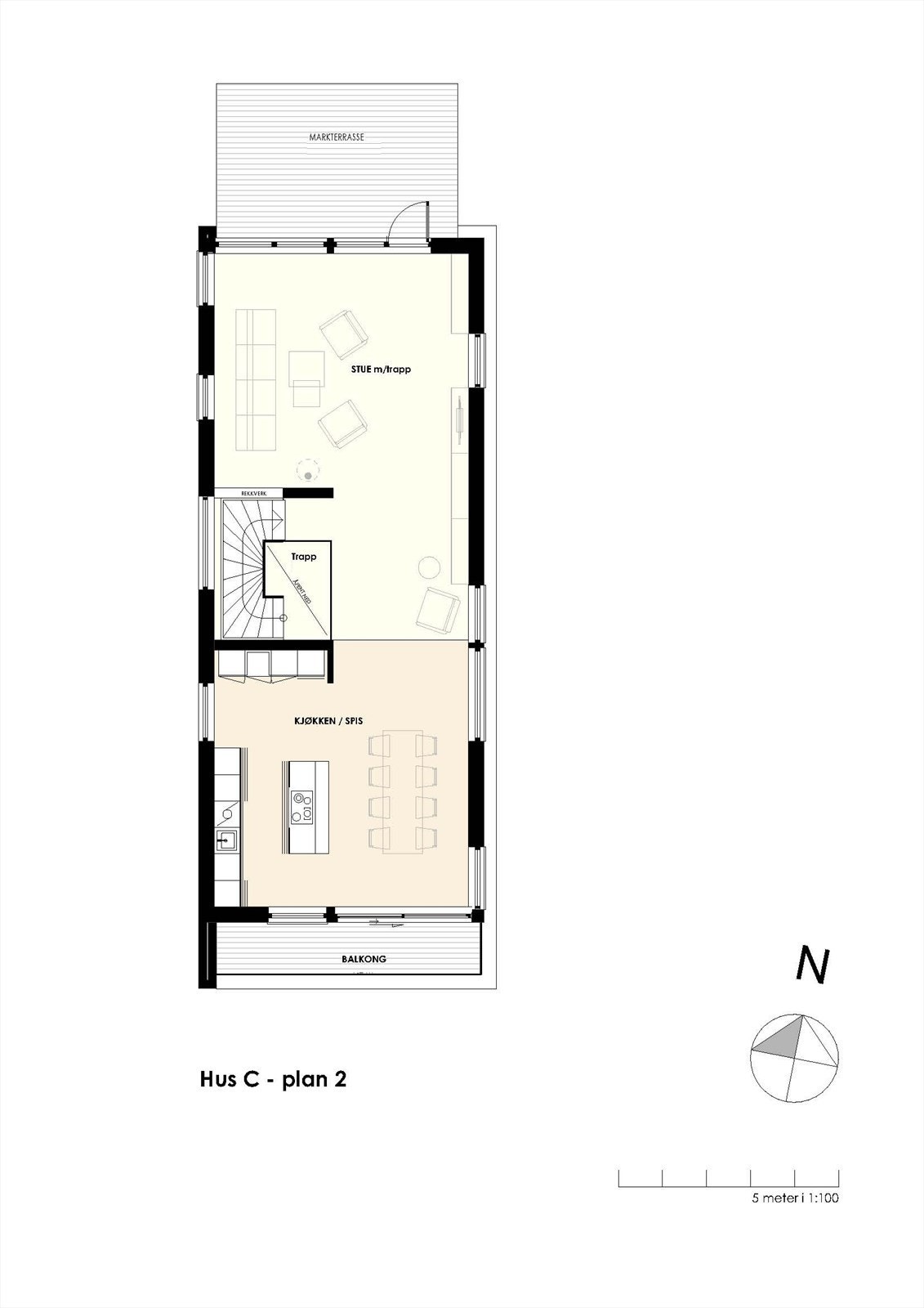 Plantegning 2. etg. består av store, felles oppholdsrom med utgang til balkong og hage med markterrasse Galleribilde