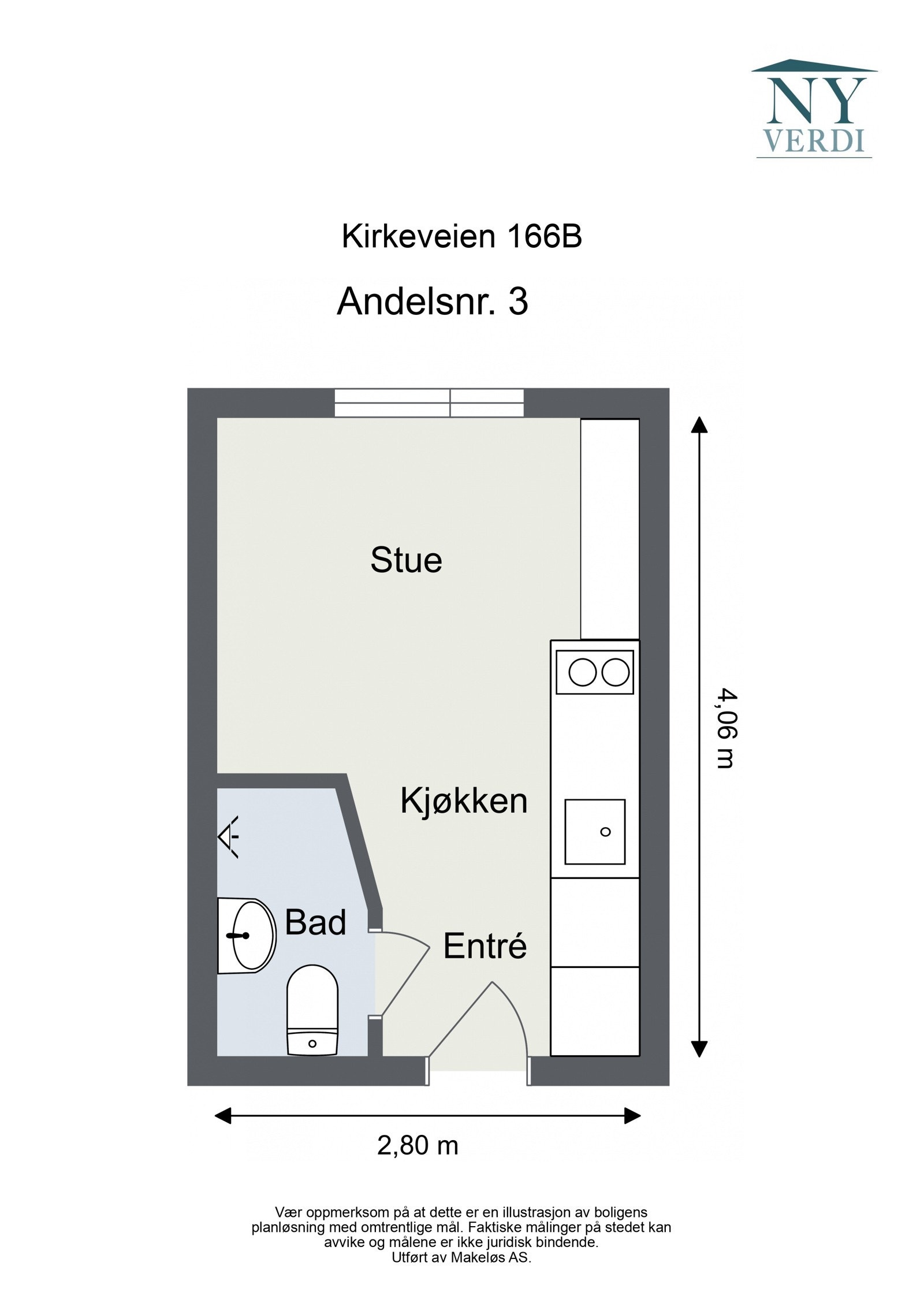 Plantegning. I tillegg disponerer leiligheten en kjellerbod på ca. 1,7m². Heis i bygget. Galleribilde