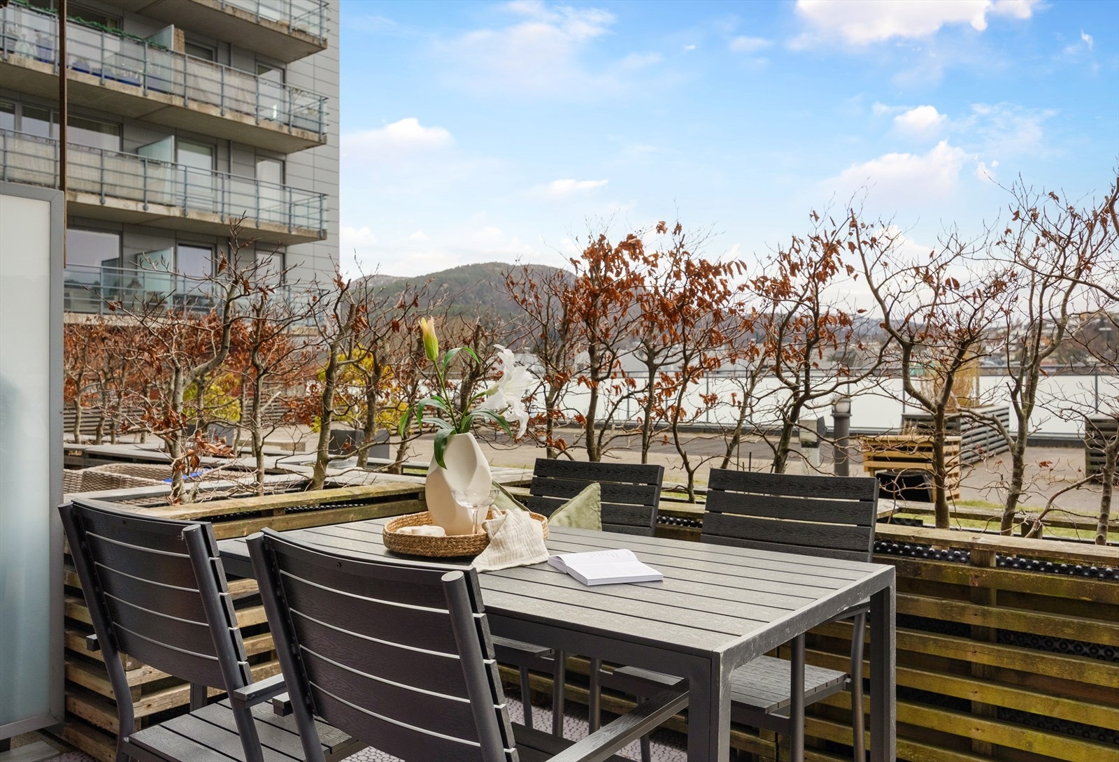 Her har man videre adkomst til et pent opparbeidet felles hage- og parkanlegg med beplantning og hyggelige sittegrupper. Galleribilde