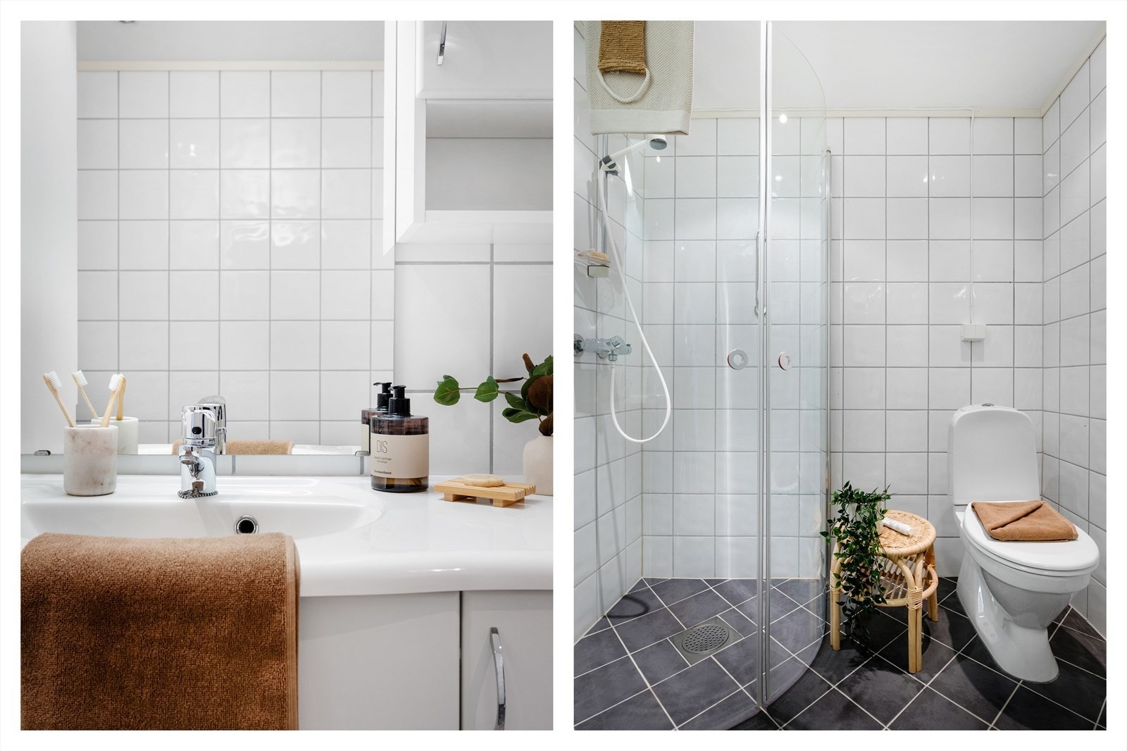 Det er varmekabler i gulv og rommet er innredet med toalett, dusj og servant møblement med speil. Her er det også opplegg for vaskemaskin. Galleribilde