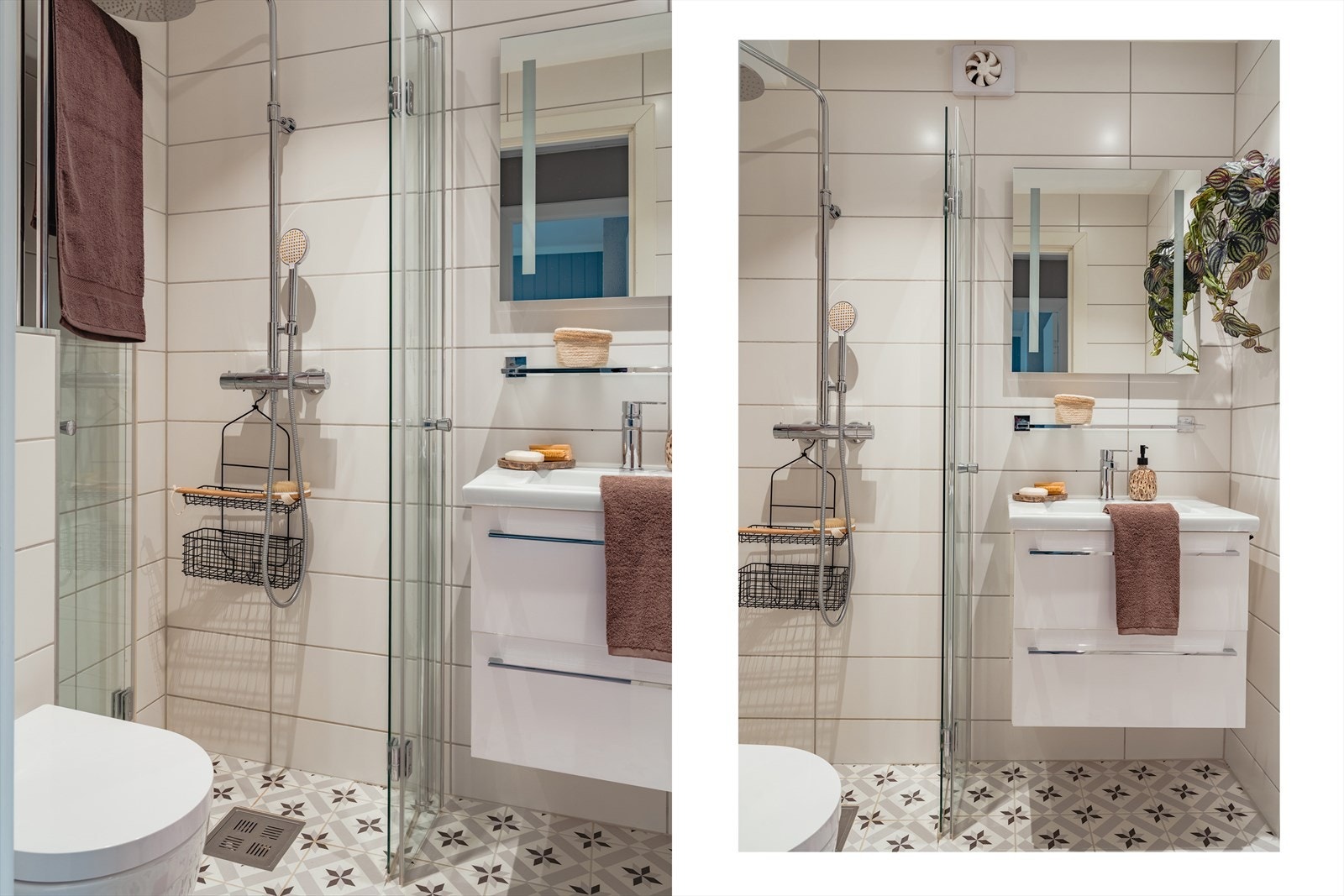 Badet er helfliset og utstyrt med vegghengt toalett, helstøpt servant, skuffer under servant med slette fronter, dusjvegger i klart glass og opplegg for vaskemaskin Galleribilde