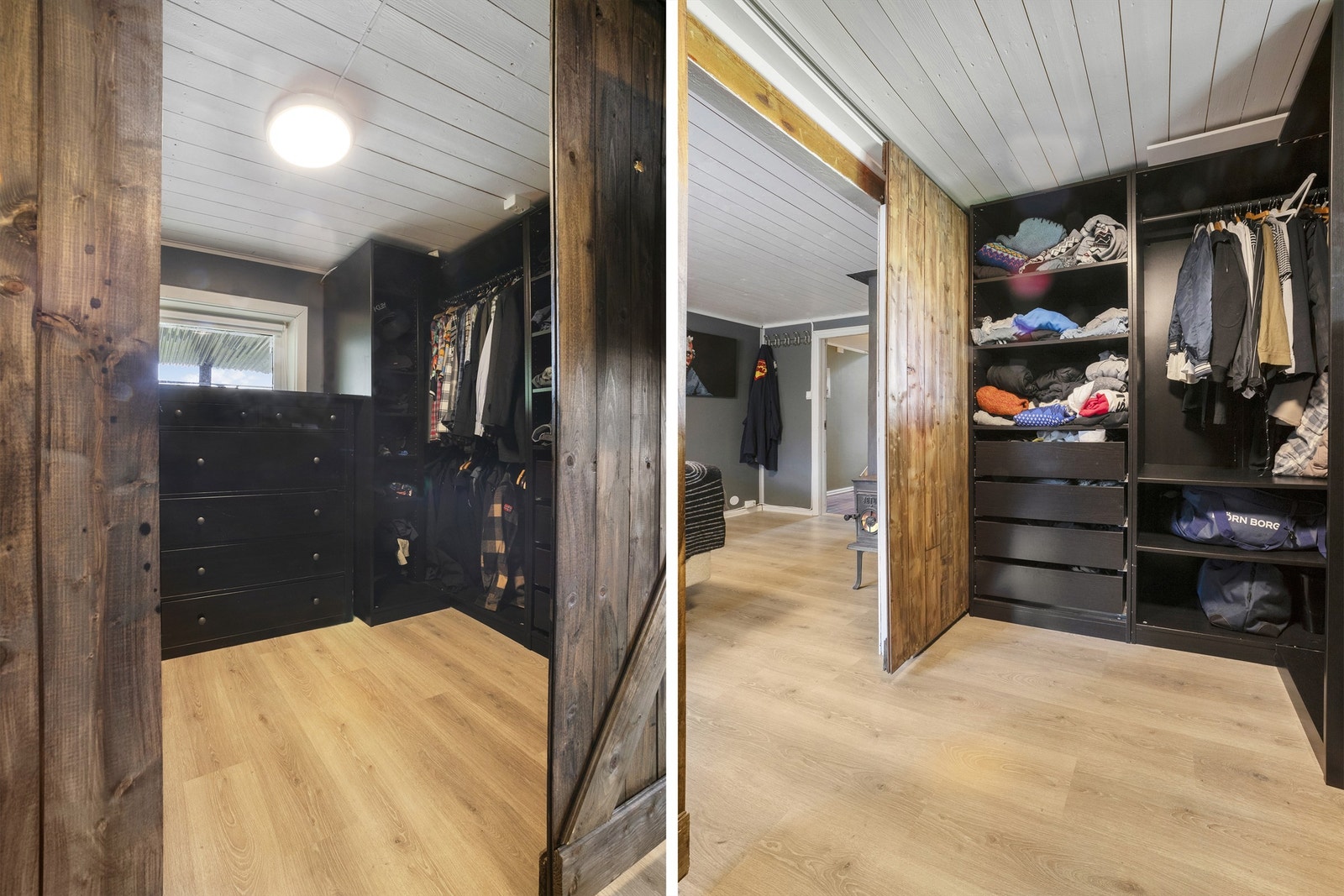 Deler av rommet er delt av med en skyvødør inn til et rom benyttet som walk in-closet Galleribilde