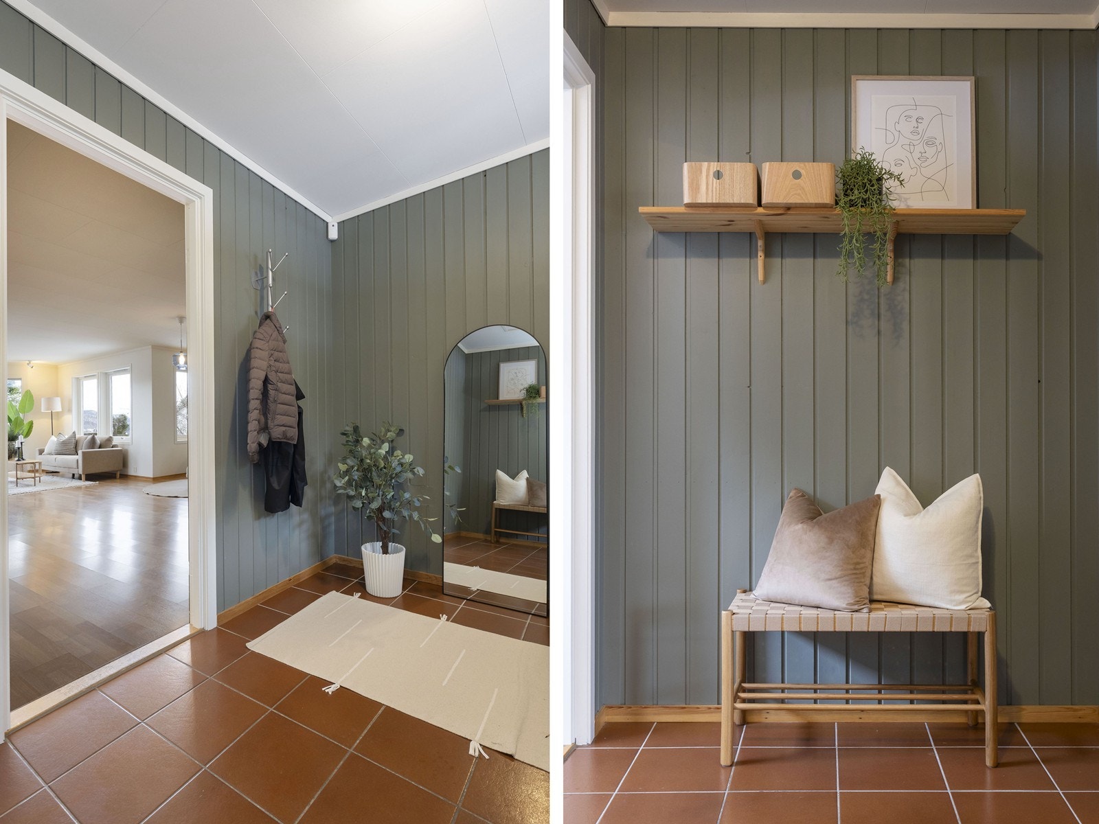 Inngangsparitet har flis på gulv som gjør det veldig praktisk å vedlikeholde. Galleribilde