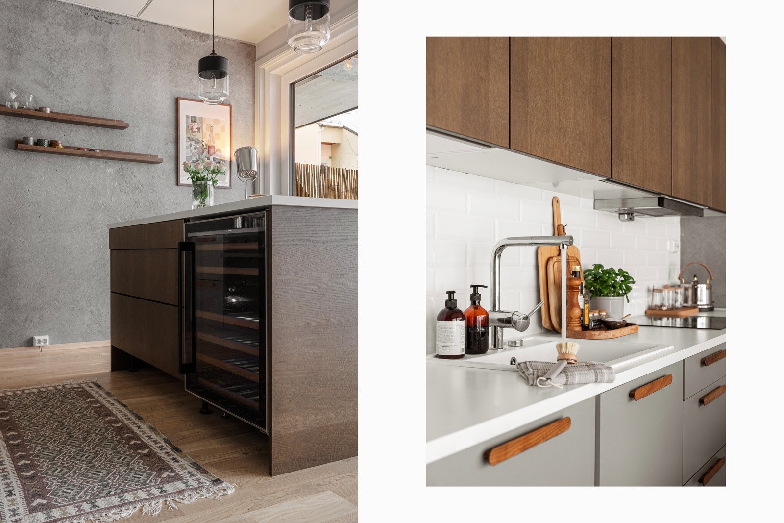 Vinskap i kjøkkenøy og rikelig med skap- og benkeplass.