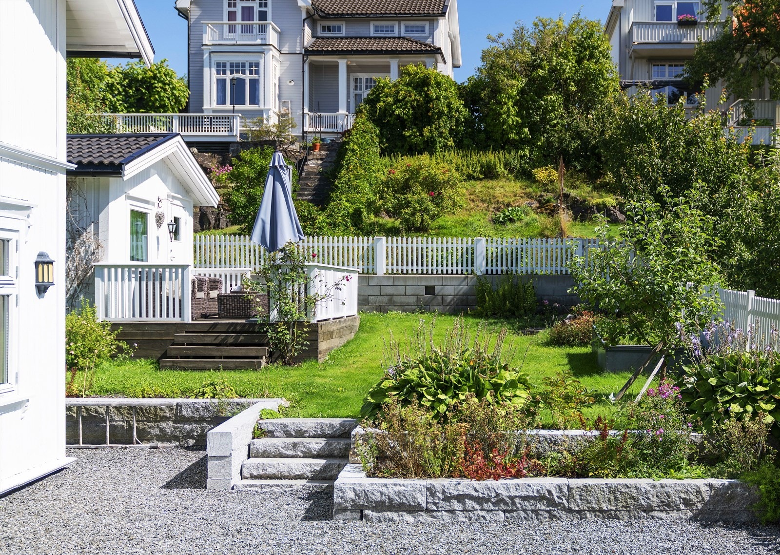 Særdeles pent og parkmessig opparbeidet tomt, med flere solrike og idylliske uteområder. Galleribilde