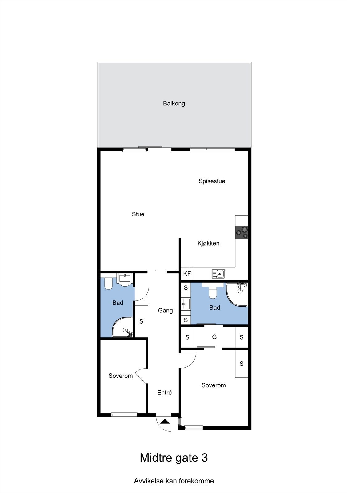 Planskisse av leiligheten. I tillegg medfølger egen garasje, samt sportsbod som befinner seg på fellesarealet like ved leiligheten. Galleribilde