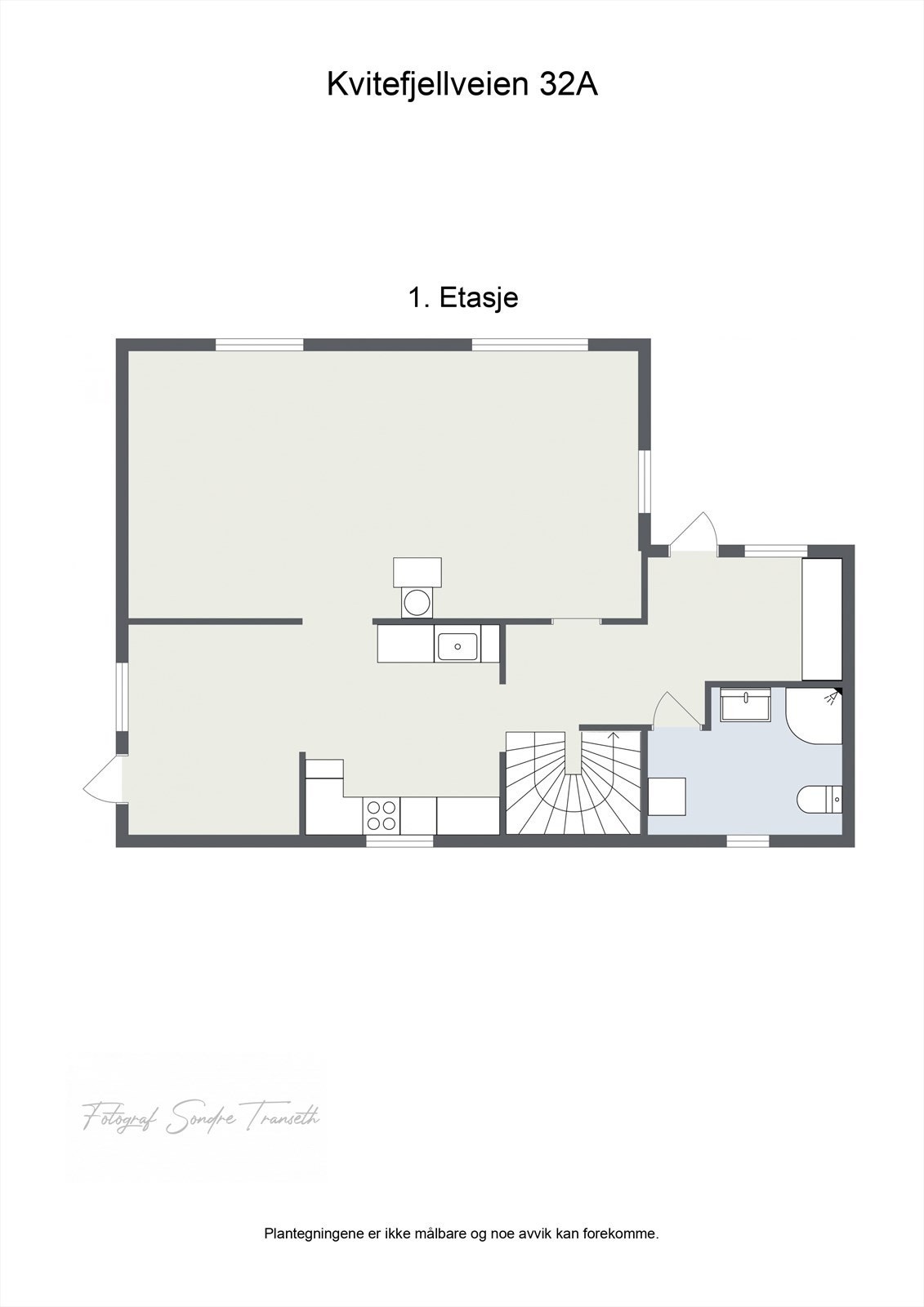 Planløsning 1.etg.: entre, mellomgang, bad/vaskerom, kjøkken med tilkomst til terrasse, spisestue og stue. Galleribilde