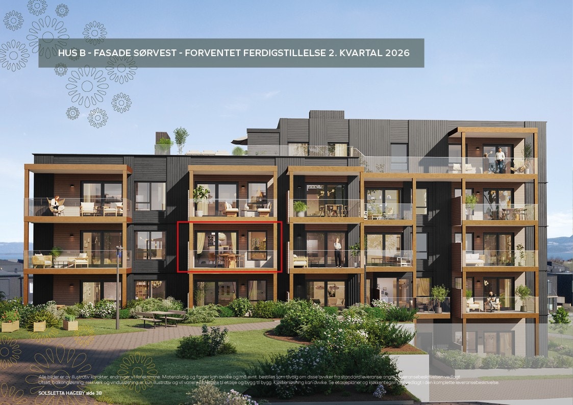 Velkommen til Solsletta Hageby og denne flotte 3-roms selveierleiligheten med sørvestvendt balkong inn mot det fenomenale parkanlegget. Leiligheten forventes ferdig tidlig i 2. kvartal, senest 31/12-26 Galleribilde