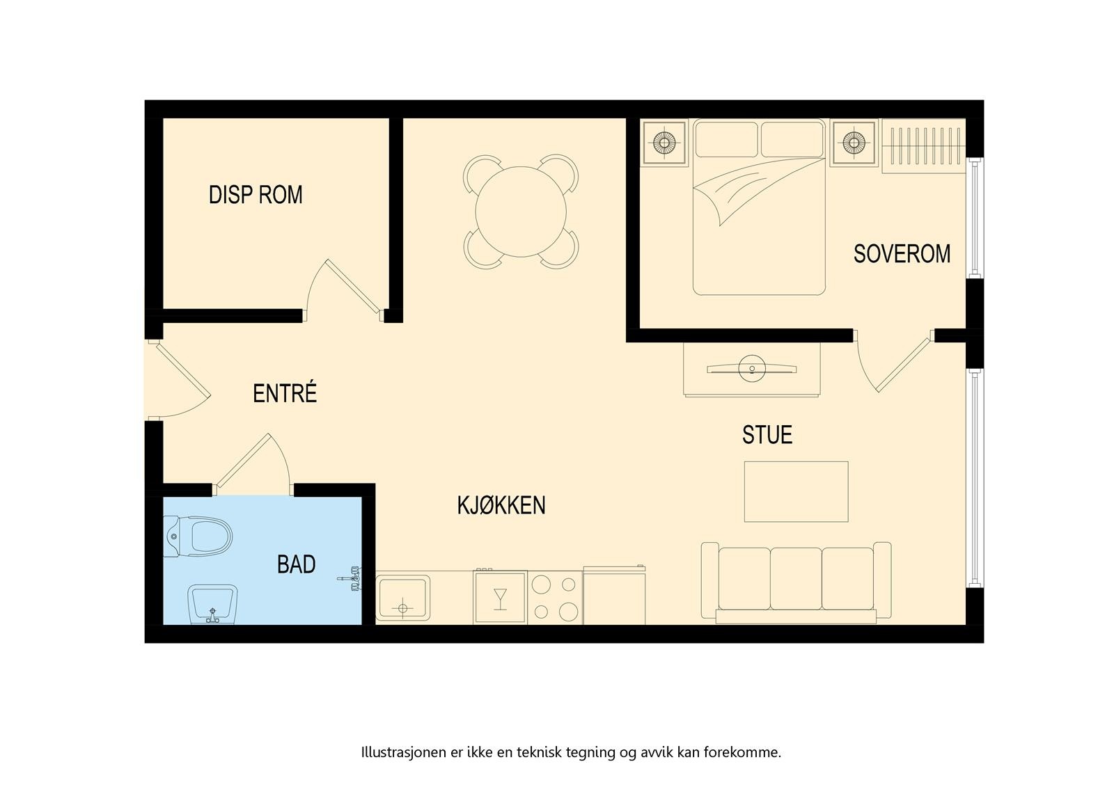 Leiligheten har et soverom og et disponibelt rom (til høyre). Galleribilde