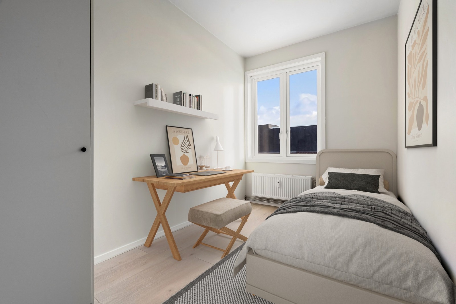 Soverom 2 er også av god størrelse med plass til seng, nattbord og garderobe. Bildet er digitalt stylet. Galleribilde