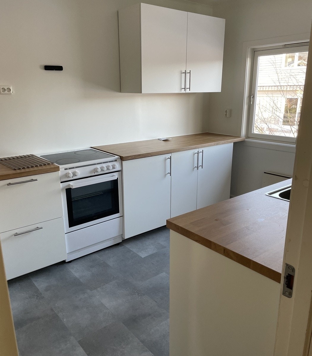 Nyrenovert kjøkken med oppvaskmaskin og kjøleskap Galleribilde