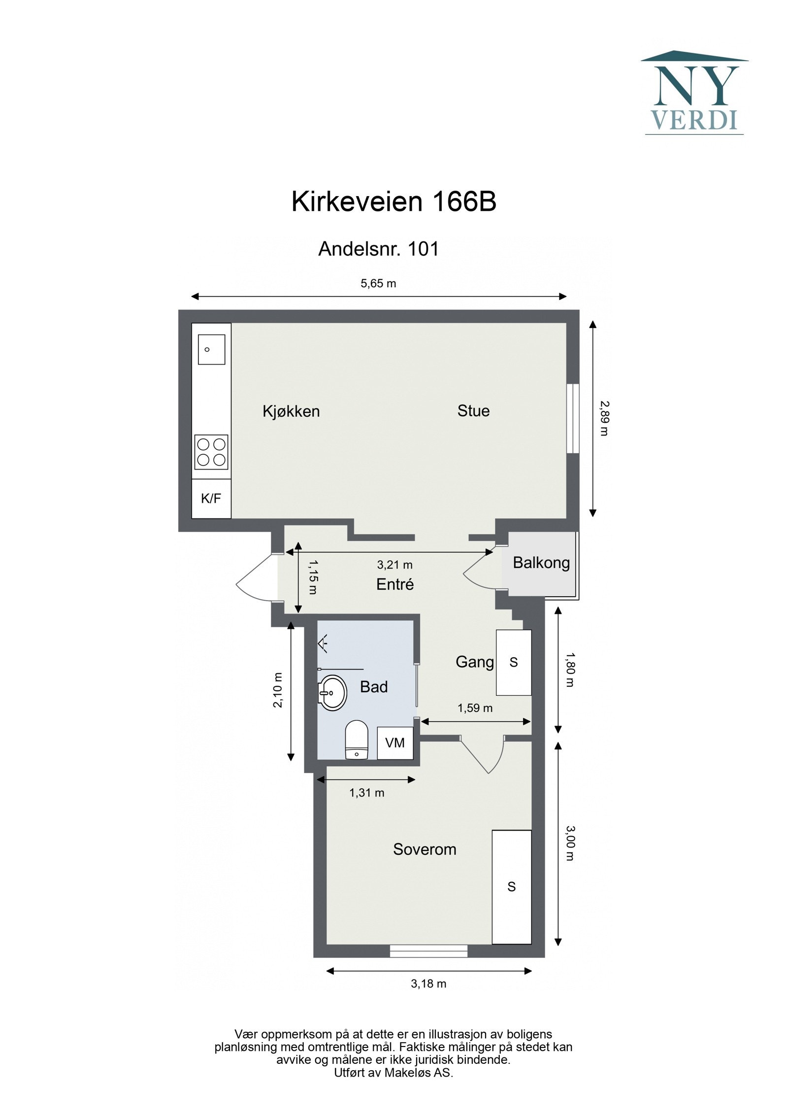 Plantegning 9. etasje med heis. I tillegg disponerer leiligheten en kjellerbod på ca. 1,8m². Galleribilde