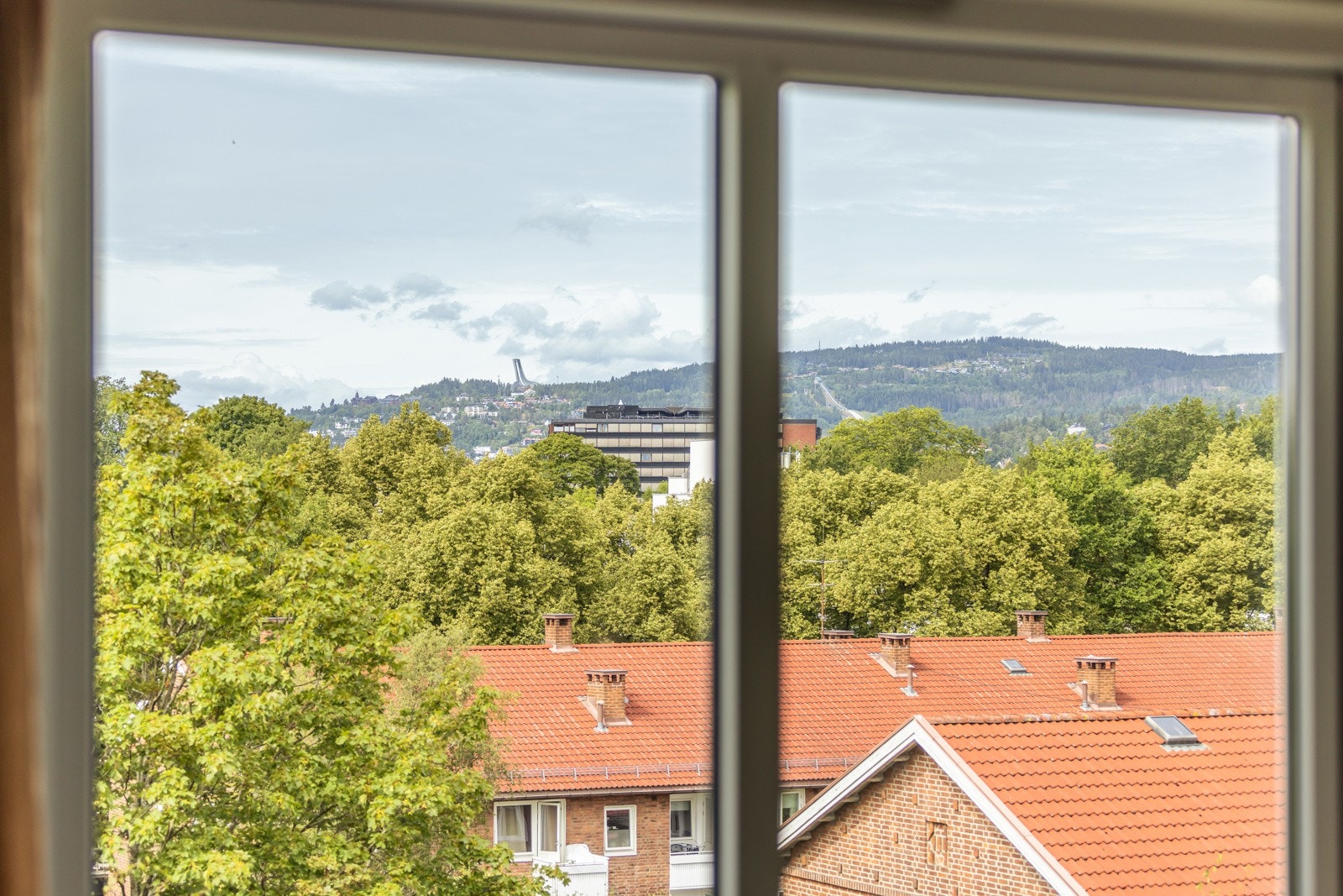 Frodig utsikt over grønne tretopper - en levende utsikt som forandrer seg med årstidene. Du kan også se Holmenkollen i horisonten. Galleribilde