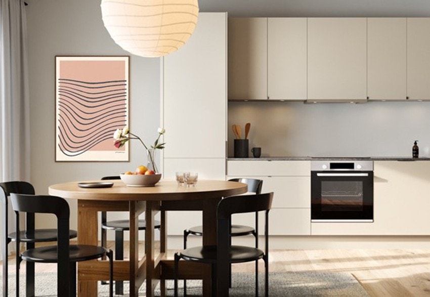 Moderne Sigdal-kjøkken i serien Vibbe, levert i fargen korn og komplett med integrerte hvitevarer. Illustrasjon avvik kan forekomme. Kjøkkentegning kan sees i vedleggene til salgsoppgaven. Galleribilde